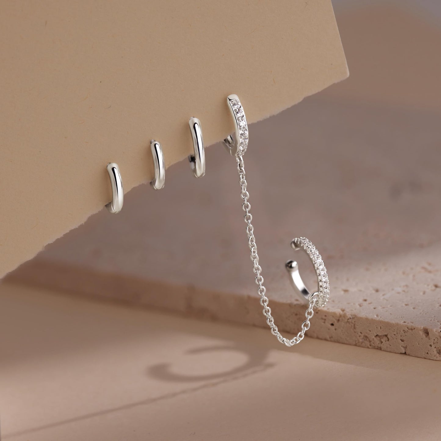 Silver Chain Hoop Cuff Earrings for Women, Double Piercing Chain Huggie Small Stack Cartilage Hoop Earring Sets for Multiple Piercing, Conch Helix Rook Tragus Daith Clip On Jewelry Set Gifts