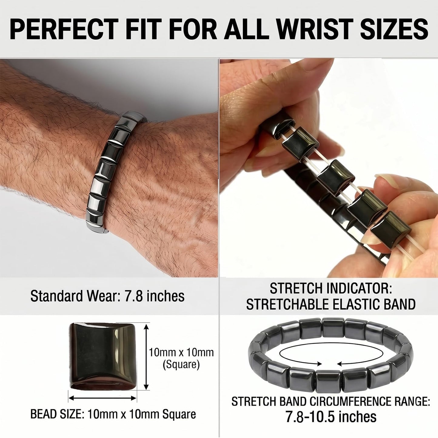 Jingming keji Mens Real Hematite Bracelet 7.8 inch - Natural Stone Square Beaded Black Jewelry with Strong Double Elastic Cord Wellness Power Bracelet with Gift Box