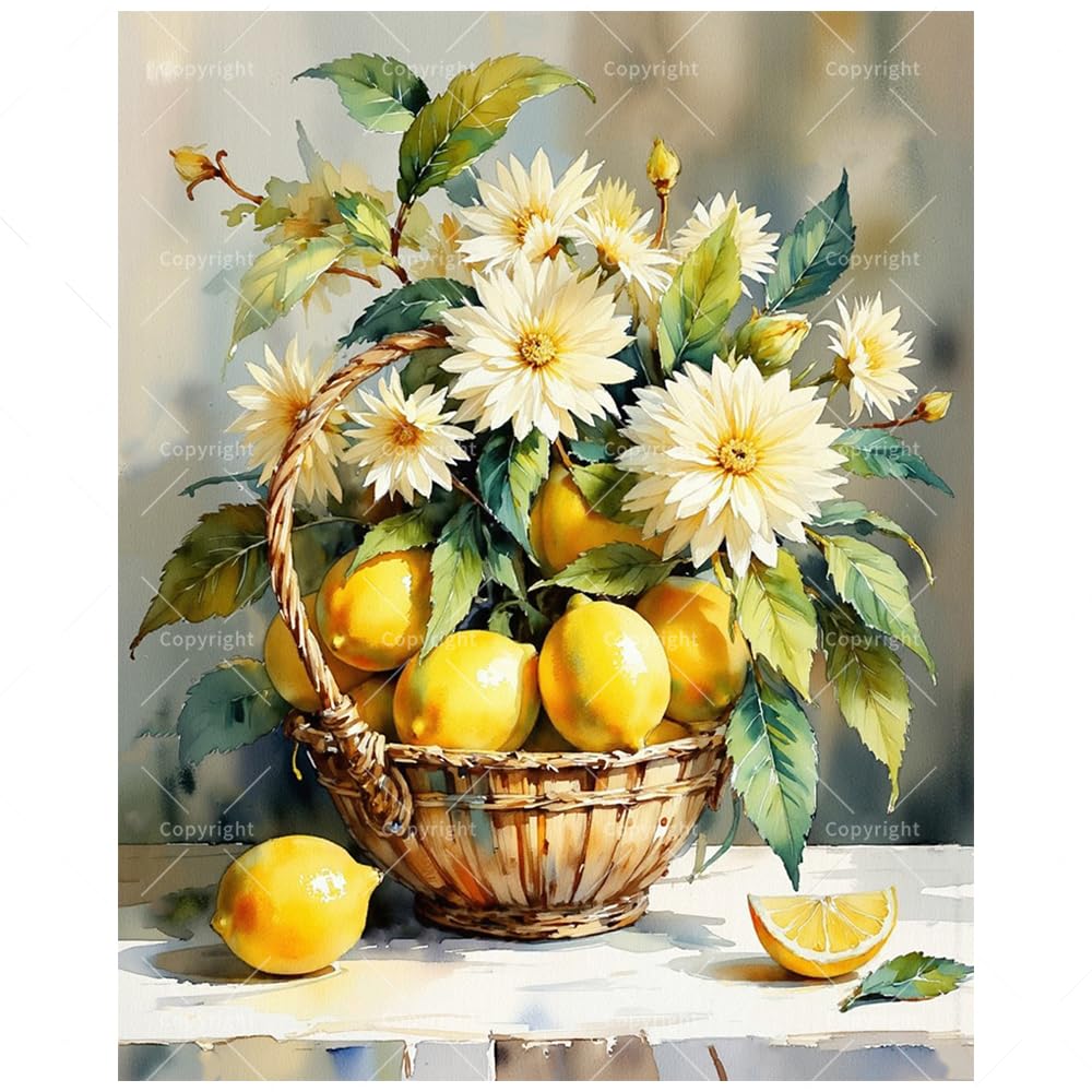 Lemon Basket Paint by Numbers Kit for Adults - DIY Lemons with White Flowers Painting on Canvas, Acrylic Paint Set, Suitable for Beginners, Botanical Art for Home Decoration or Gifts(8X12IN Framed)