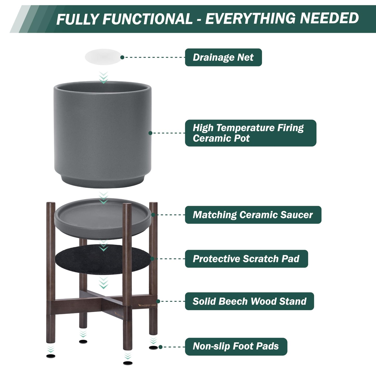 D'vine Dev Ceramic Planter with Walnut Color Stand - 14 Inch Modern Round Flower Pot with Wood Planter Holder, Grey, 55-B-T-3