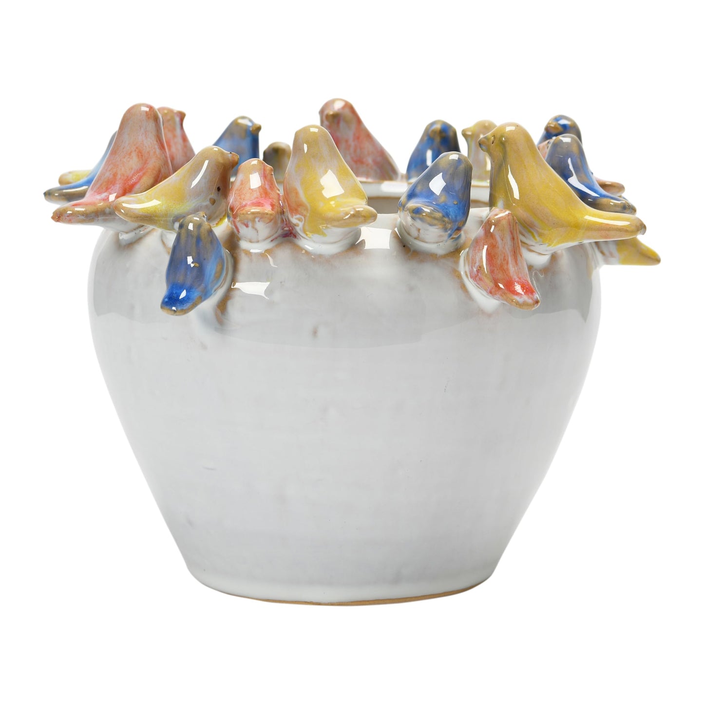 Creative Co-Op Stoneware Planter with Birds on Rim, Reactive Glaze