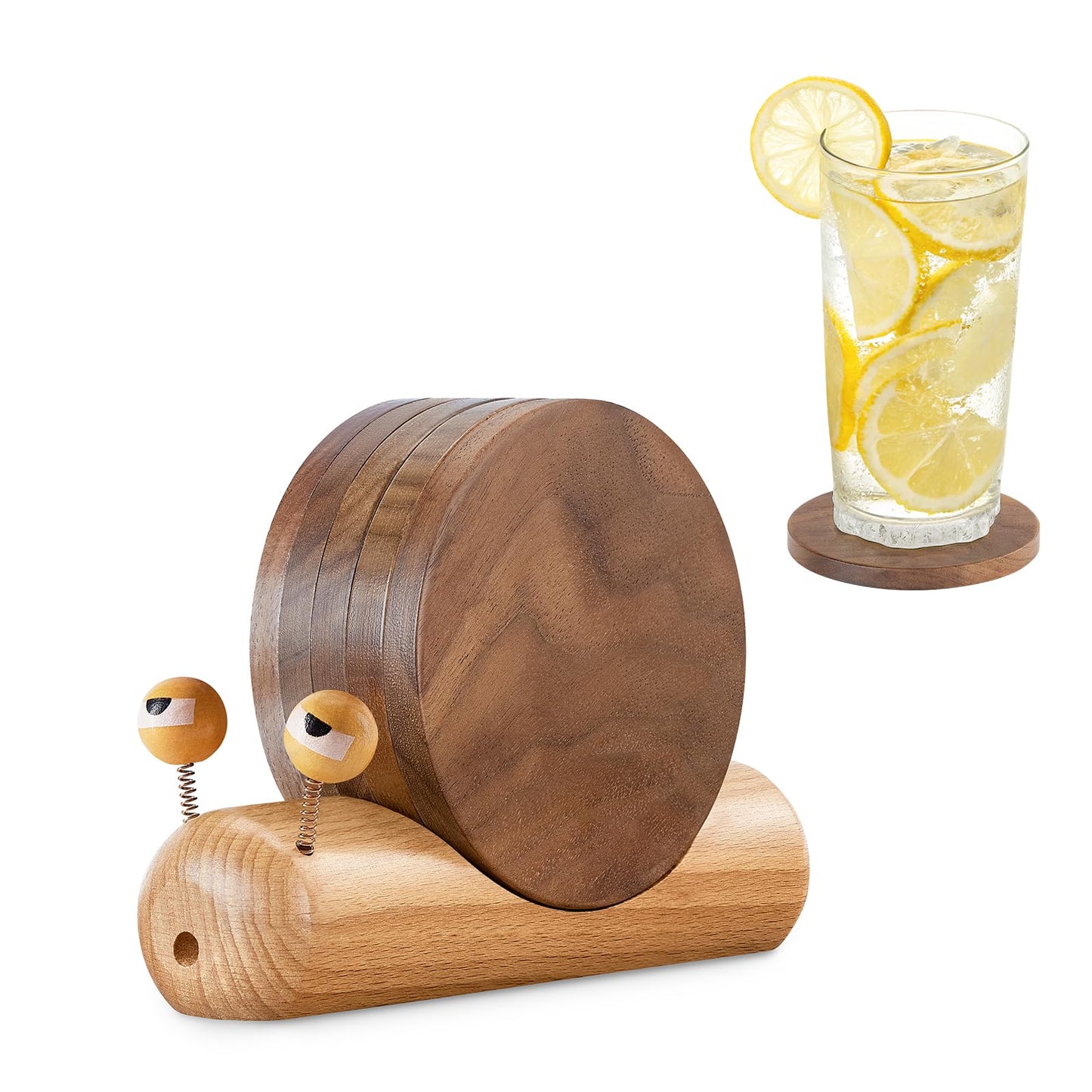 Wooden Coasters for Drinks-Natural Acacia Wood Drink Coaster with Magnetic for Coffee Table,Fun Cute Coasters with Holder for Modern Home Decor-Set of 5