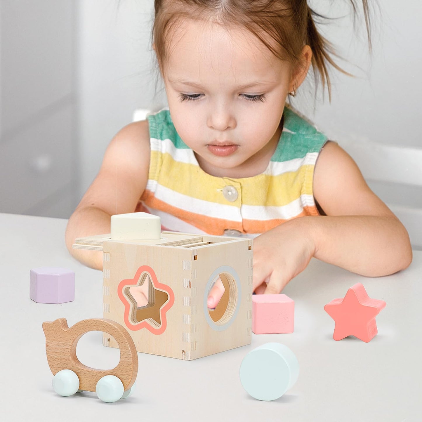Pillowhale Montessori Wooden Toys Set for Toddlers 12M+ – 4-in-1 Educational Toy with Stacking Rings, Shape Sorter, Bead Maze & Push Car