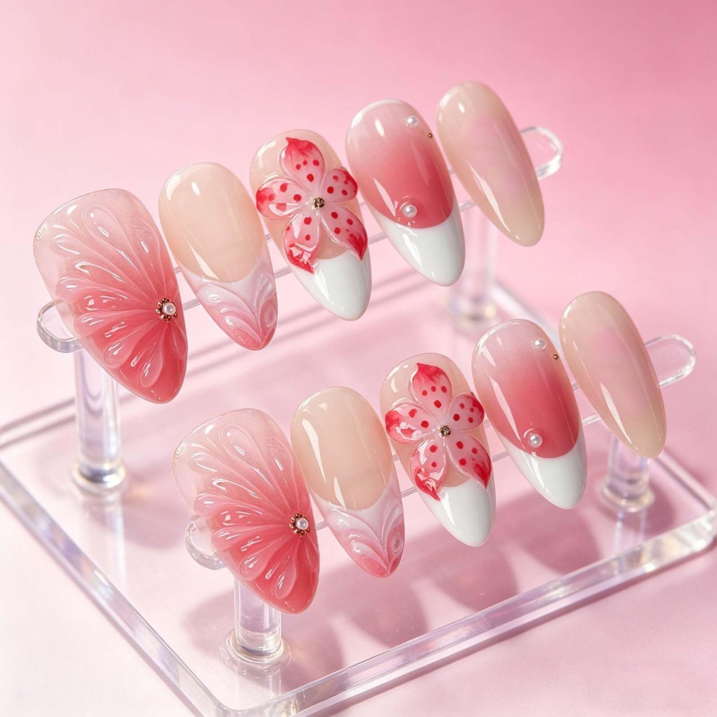Press on Nails Pink Almond Summer Holographic Glitter False Nails with Iridescent Checkerboard Design, Reusable Fake Nails for Women 10 Piece Set M Size
