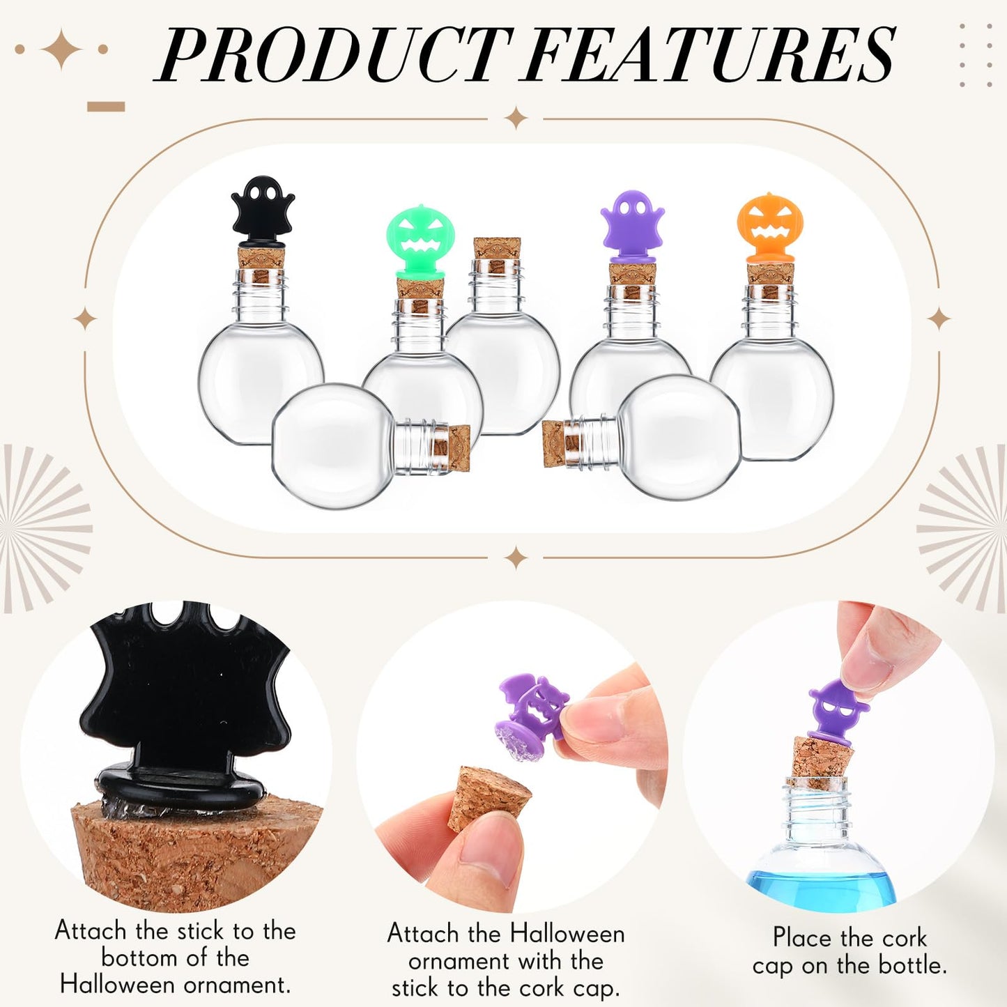 Bokon 36 Pack Mini Plastic Bottles with Corks Funnels Plastic Potion Bottles Tiny Clear Sand Art Jar Wishing Vial Witch Potion Jars for Decorations Birthday Party DIY Crafts Gift(Spherical)