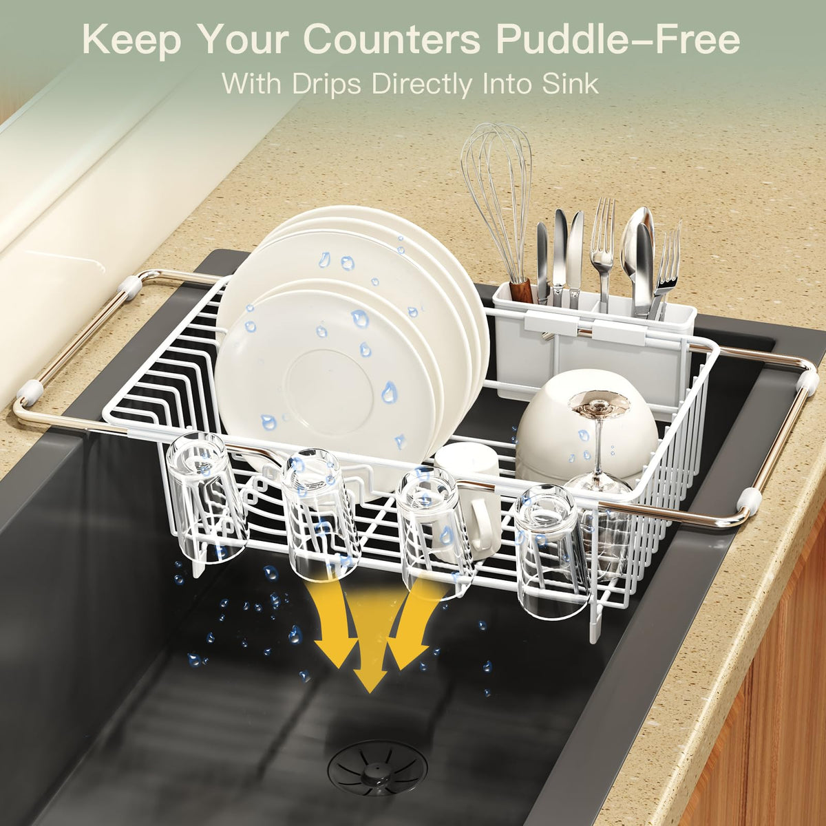 White Dish Drying Rack Over The Sink with Utensil Holder
