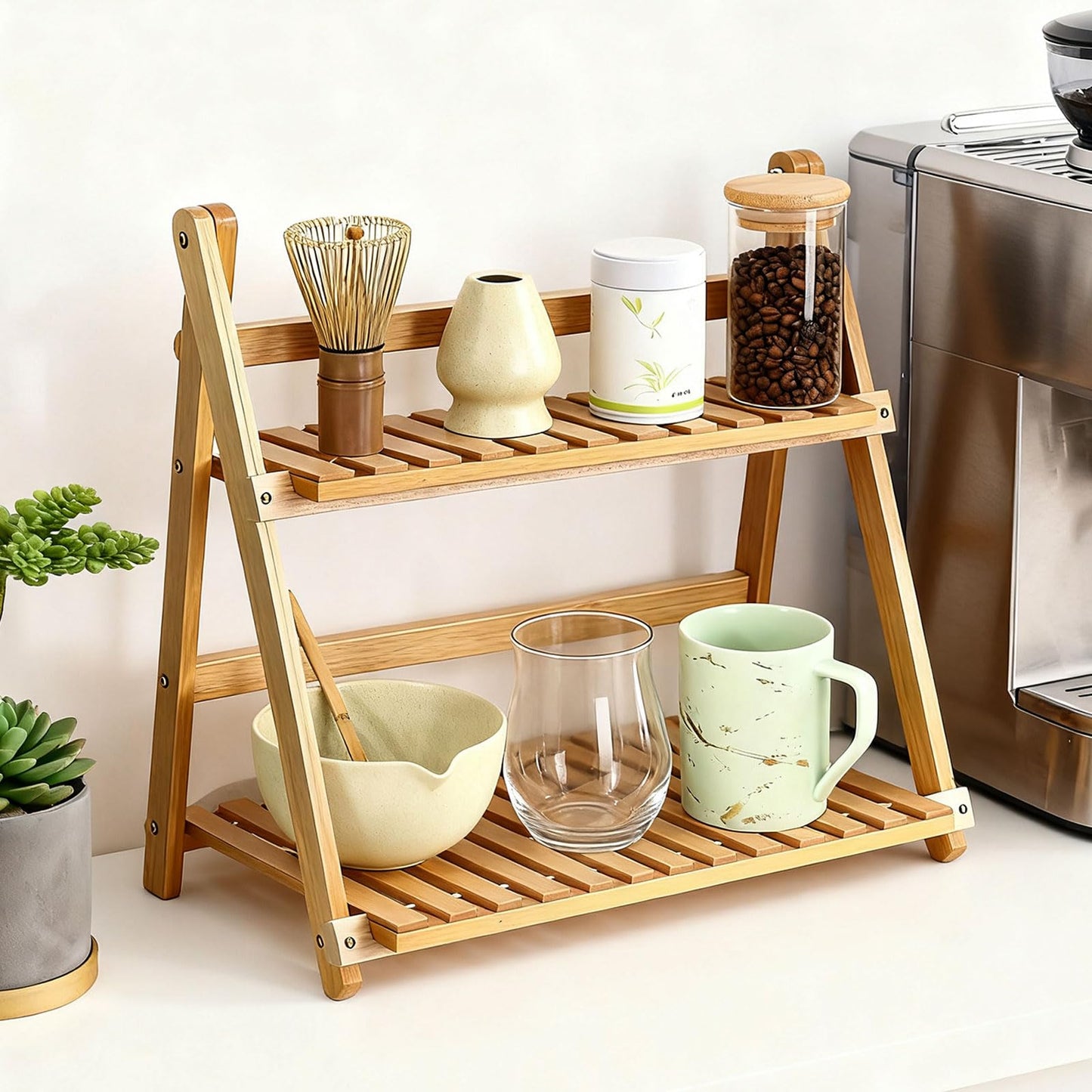 NUOLUTH Matcha Station Organizer Shelf：Bamboo organizer for coffee bar,Matcha Whisk,Small plants,bathroom,11.7" Foldable Countertop Display Rack for Kitchen,Window Sill&Living Room 2 Tier