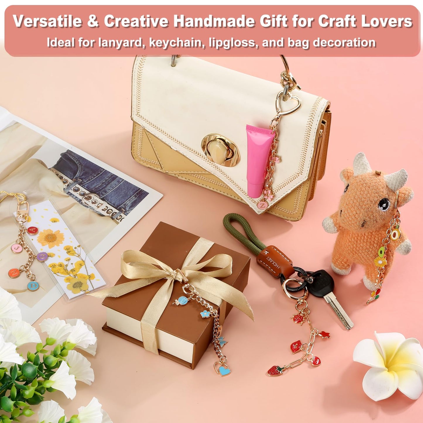 485 Pcs Charms Lip Gloss Keychain Making Kit, DIY Bag Charm Kit Including 40 Key Chain Hooks 30 Extender Chains 212 Gold Charms & Letter 200 Jump Rings 1 Plier and 1 Puncher for Craft Supplies