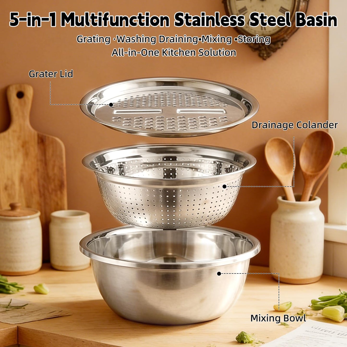 Germany Multifunctional Stainless Steel Basin - 2026 New 3-in-1 Grater Strainer and Drain Basket Set with Vegetable Slicer, 10.24 Inch for Kitchen Rinsing Draining Mixing