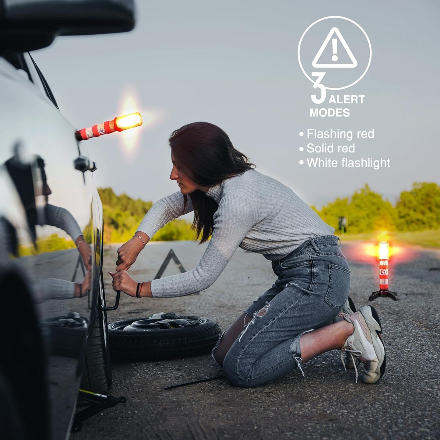 XTREME STP LED Road Flares, 3 Alert Lighting Modes: Flashing Red, Solid Red & White Flashlight, Emergency Flares for Vehicles, Visible From Up To A Mile, Foldable Stand/Built-In Magnet Sticks To Car