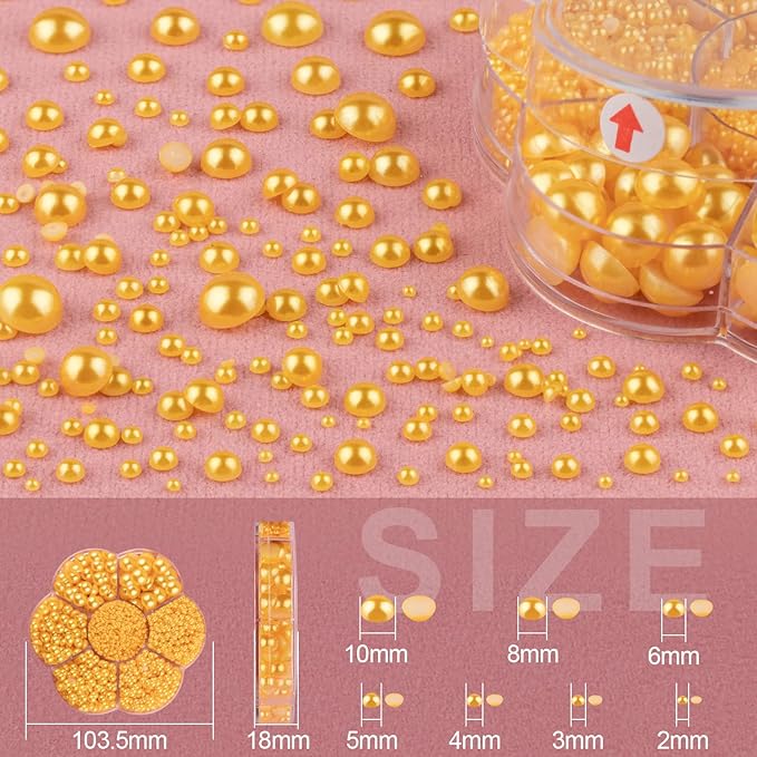 Nail Art Flat Back Half Round Pearl Kits 28, 1 Box of 6000 Pcs Flat-Back Golden Yellow with Tweezer and Picker Pencil for Home DIY Nails Body Face Craft and Salon Use