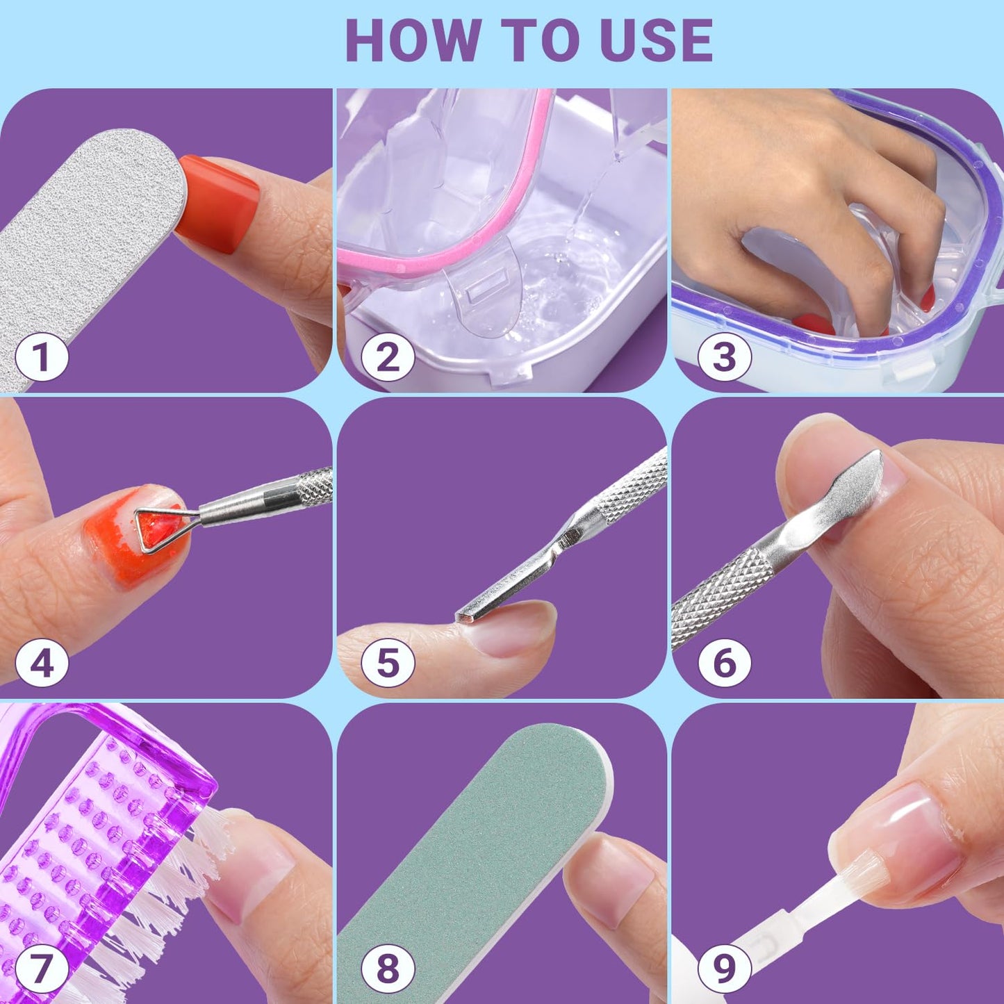 TsMADDTs 12 pcs Nail Soaking Bowl Acetone Gel Polish Remover Kit with 2 pcs Soak Off Bowls Manicure Bowls for Hands, Cuticle Remover Tools, Cuticle Oil, Files, Buffers, Brush, Dip Removal Kit