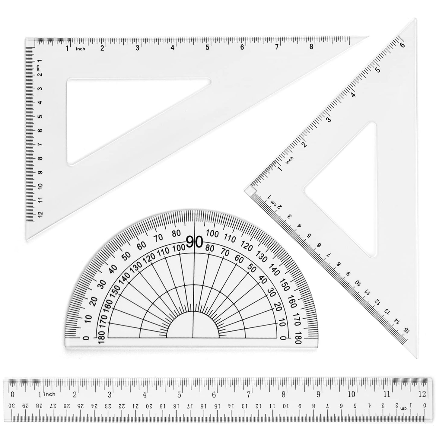 Coopay 12 Inch Math Geometry Tool Plastic Ruler Square Set Includes Straight Ruler, Triangles, Protractor for Student School Office Supplies (Clear)