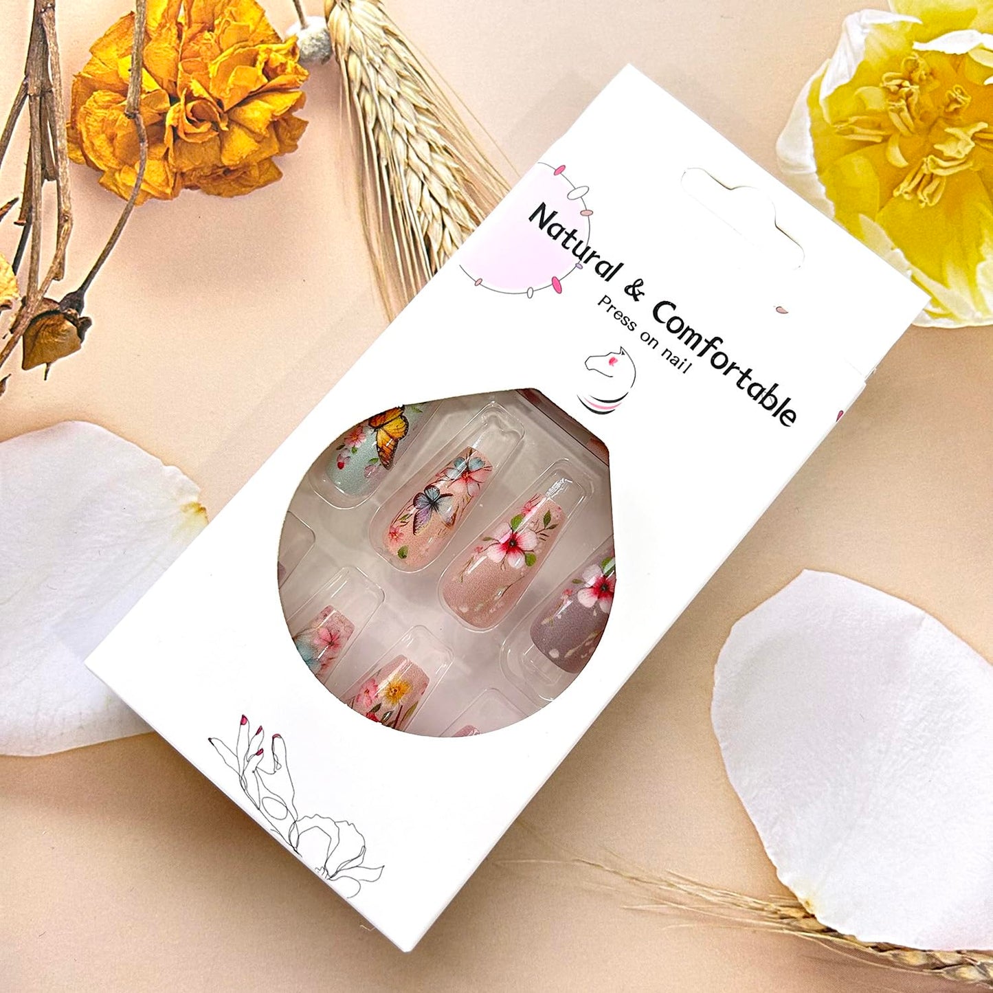 24Pcs Flower Press on Nails Medium Ballet Shaped Full Cover Glossy Artificial Stick on Nail Colrful Floral Butterfly Pattern Design Spring False Nail Reusable Acrylic Press Ons Glue on Nails for Women