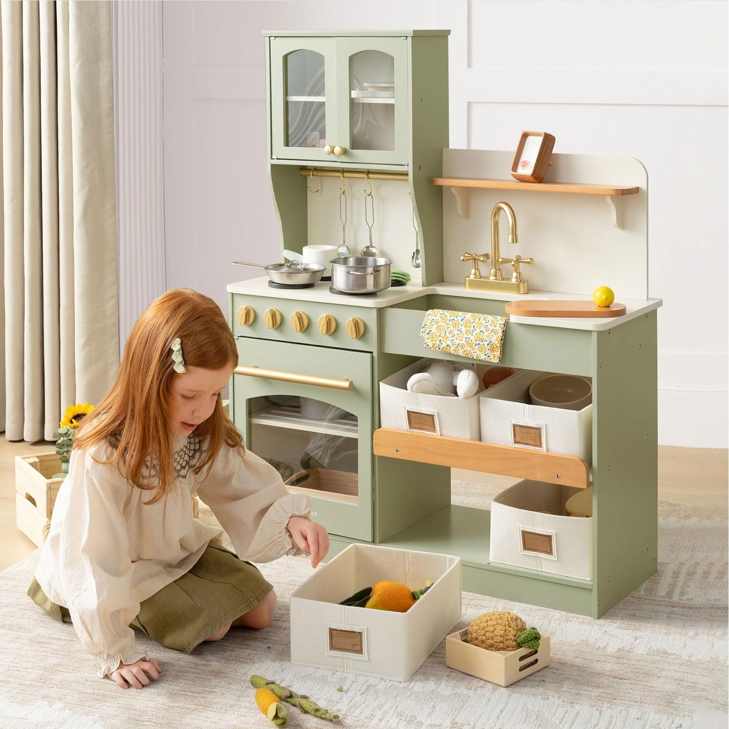 Tiny Land Wooden Play Kitchen for Kids – Enhanced Storage with Cabinets & Bins, Modern Toddler Kitchen Playset with Stove, Sink & Accessories