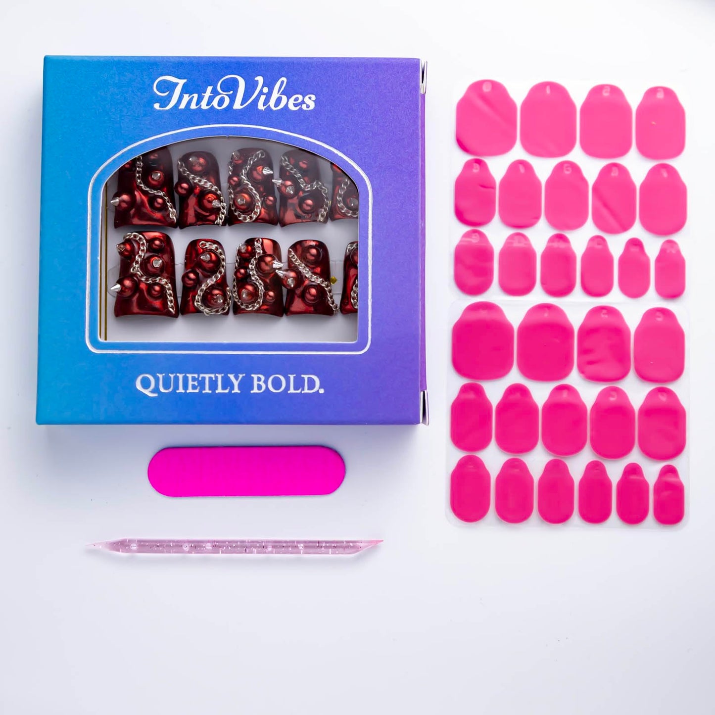 IntoVibes 10 Pieces Luxury Acrylic Press On Nails Short Handmade Duck Nails, Red Thickened False Nails, Punk-style Silver Rivets And Chains, Reusable Fake Nails, Acrylic Nails (L)