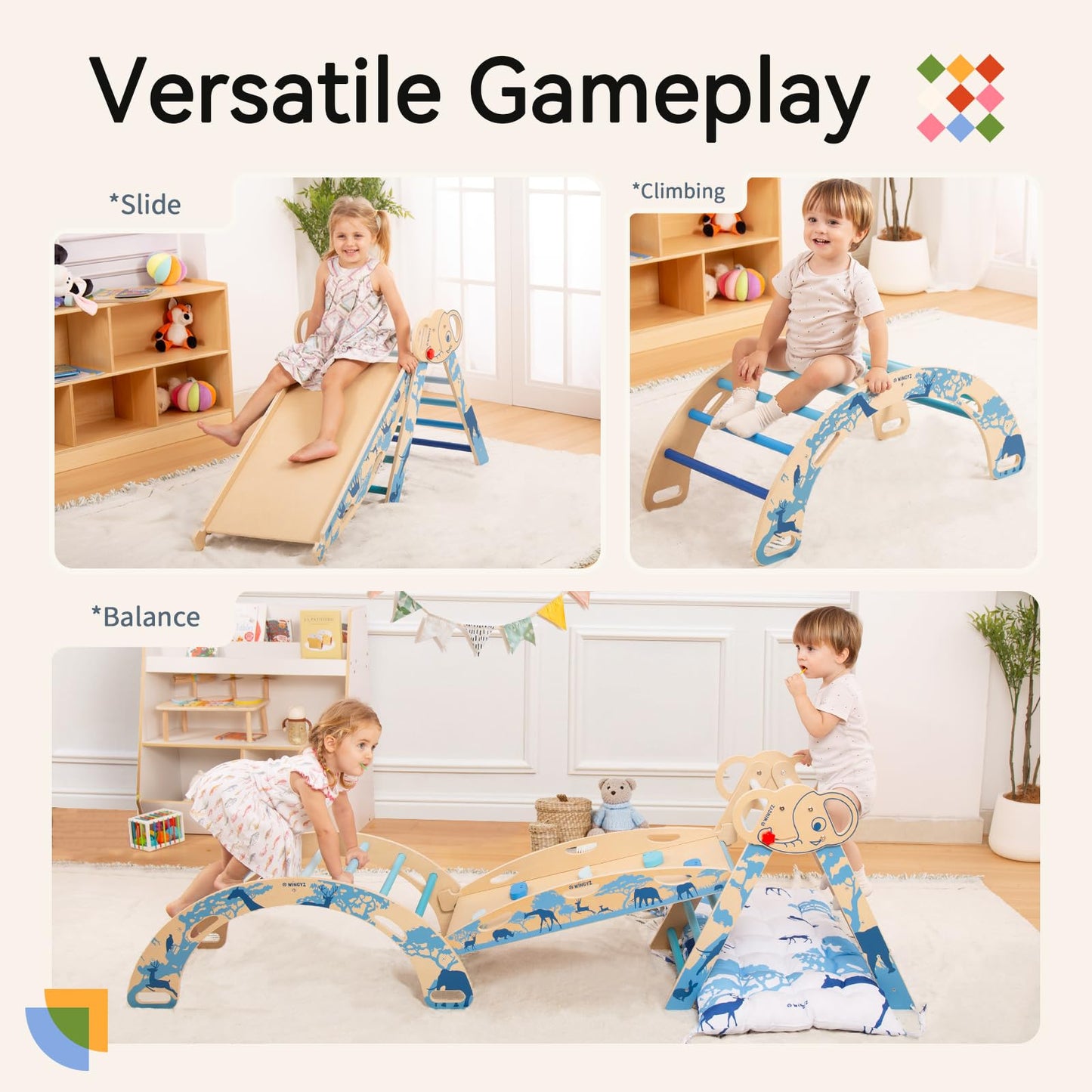 WINGYZ Pikler Triangle Set, Montessori Foldable 8-in-1 Jungle Gym with Reversible Animal Slide, Patent-Protected Climbing Set, Safe 2.35" Gap ASTM F963 Standards for Toddlers 18 Months-7 Years (Blue)
