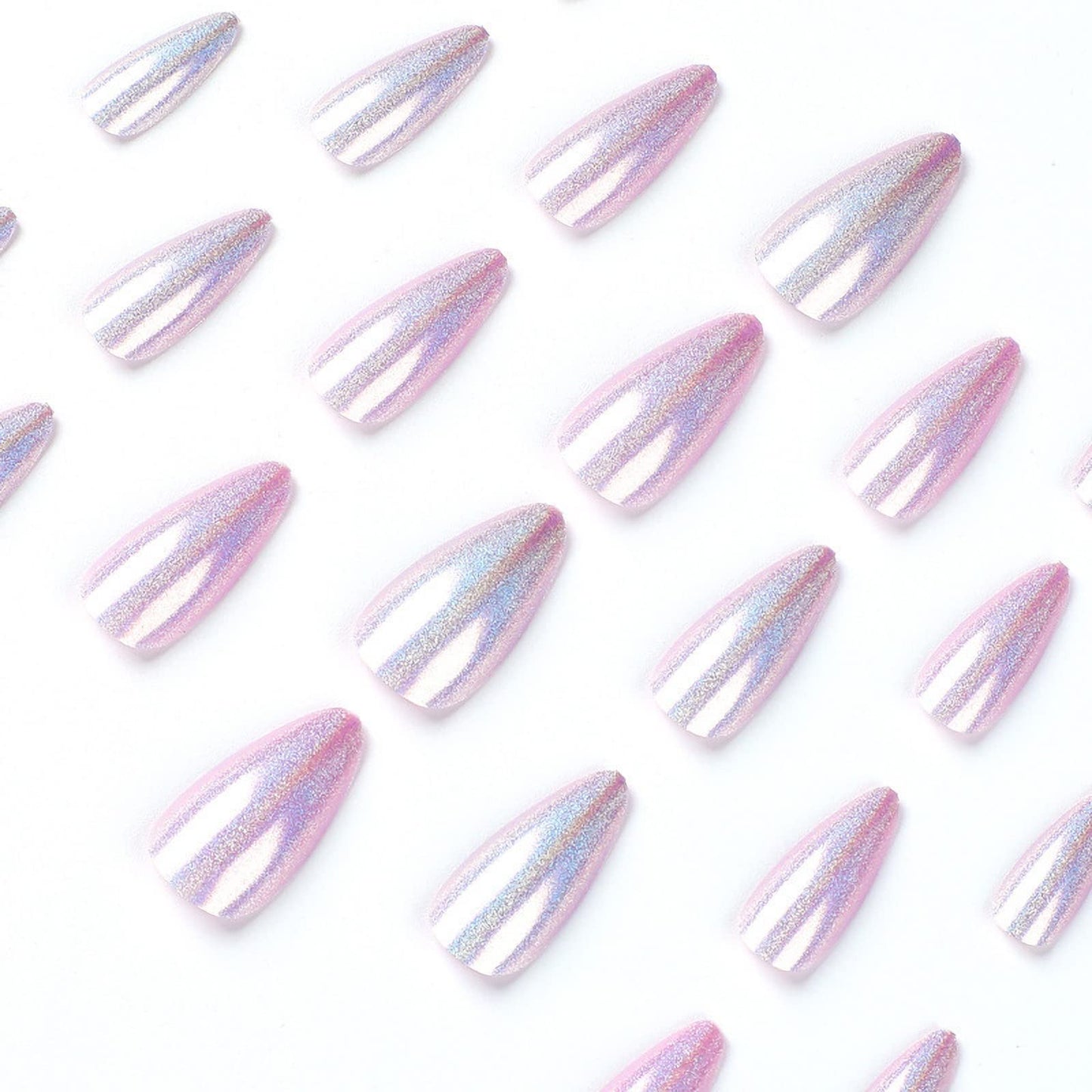 MISUD Press on Nails - Medium Almond Glue on Nails, Acrylic Purple Chrome Design 24 pcs