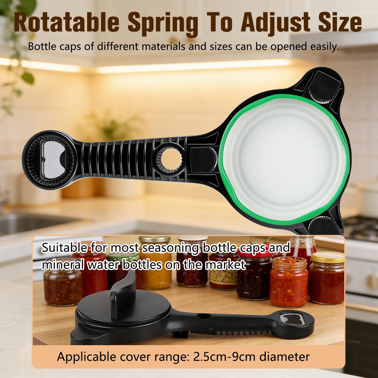 4 in 1 Multi-Purpose Jar Opener,Adjustable Stainless Steel Jar Opener,Multi-Functional Retractable Jar & Bottle Openers,Multi Size Lid Tool for Jars Cans Wine Bottles,Home Kitchen Helper(Black)