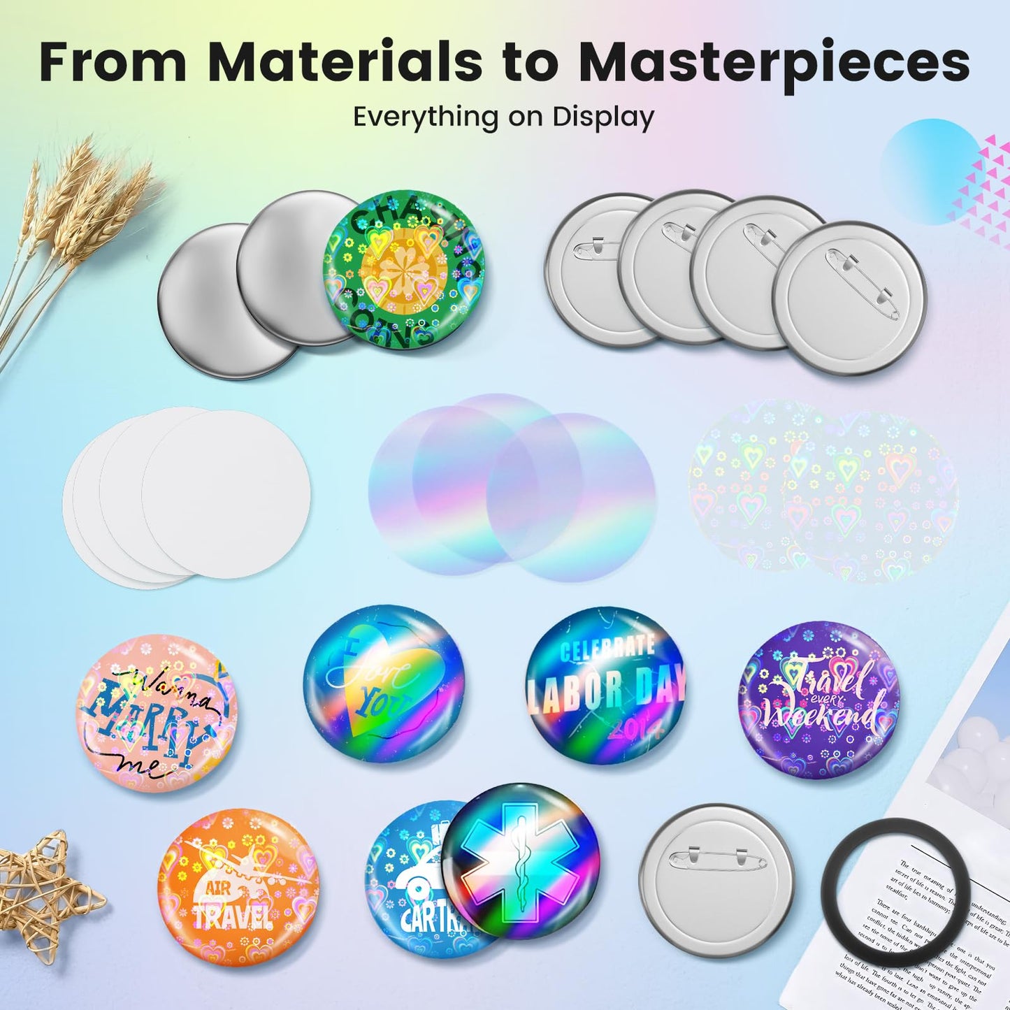 Button Pin Making Supplies 100 Sets 75mm(3'') Button Inserts for 75mm Button Maker Machine, Round Blank Badge Pin Refills with Metal Pin Back, Metal Cover, Glitter Film & One Plastic Washer