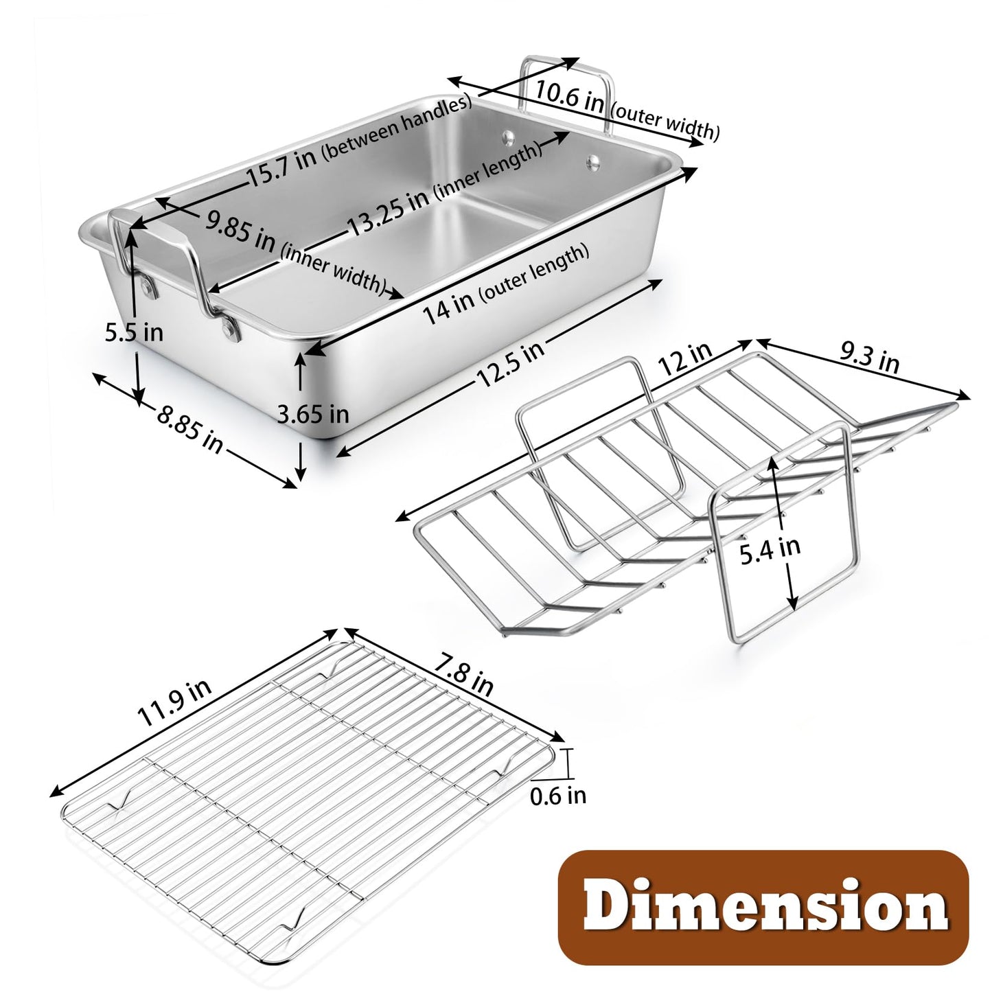 P&P CHEF 14" Roaster Roasting Pan with Baking Rack and V-shaped Rack, Stainless Steel Rectangular Lasagna Pan with Handles for Turkey Chicken, Healthy & Dishwasher Safe, 3 Pieces, Silver