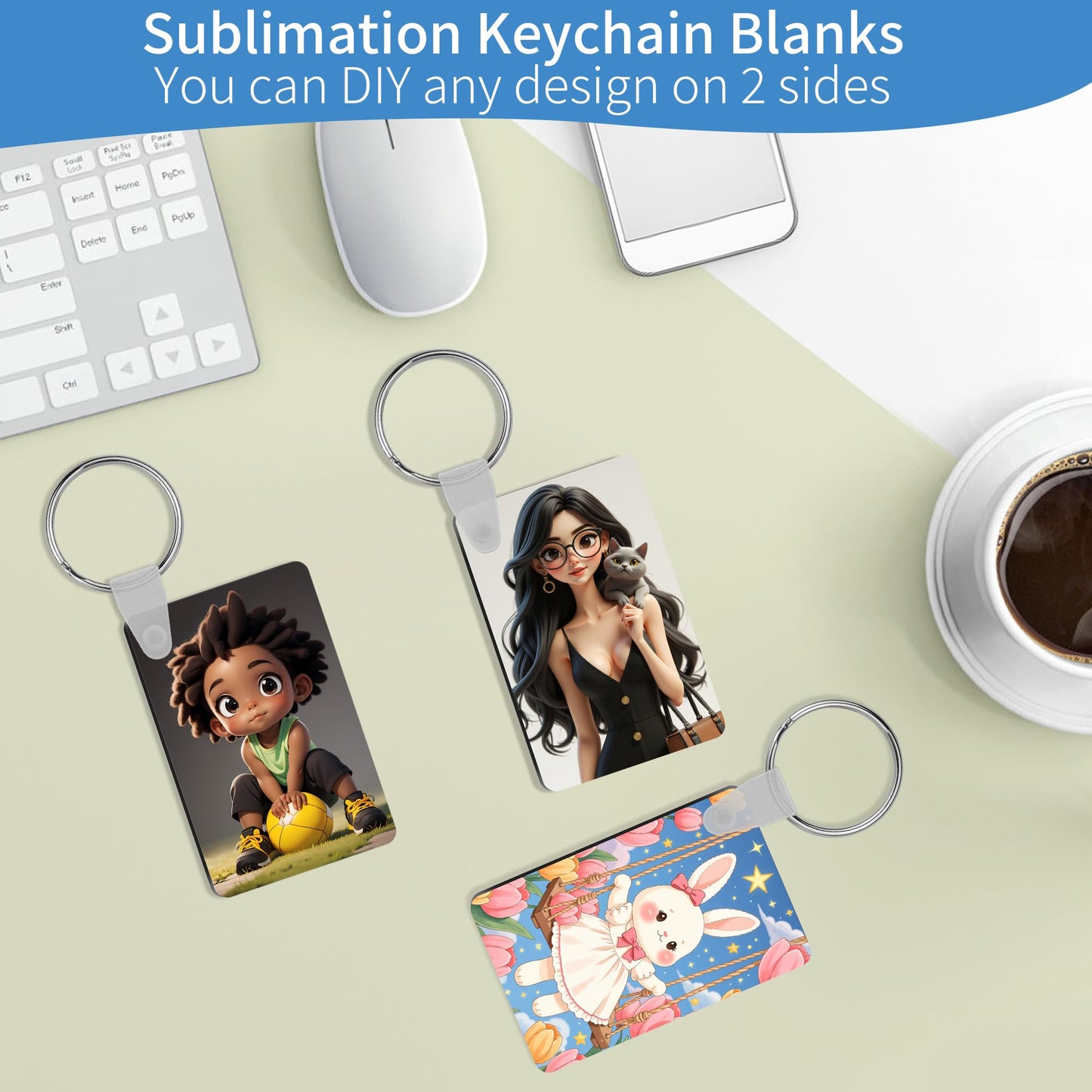 Merkisa 150 Pcs Sublimation Keychain Blanks – Double-Sided Heat Transfer Blanks 50 Set with Rings & Clips, Clear Film– DIY Bulk Blank Keychains for Crafts, Personalized Gifts (Rectangle)