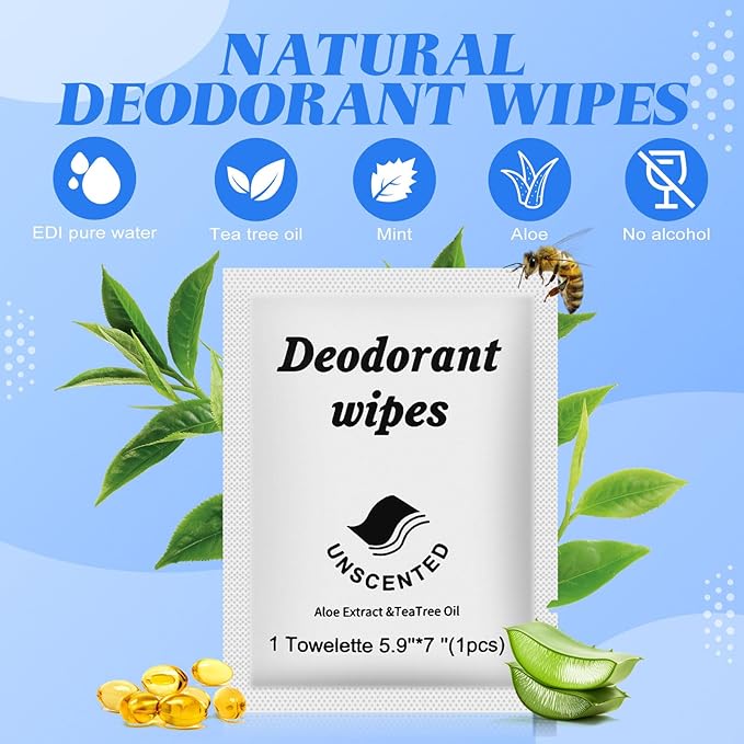 Travel Deodorant Wipes Individually Wrapped,Body Wipes to Clean Skin for Women Men（Unscented,pack of 200)