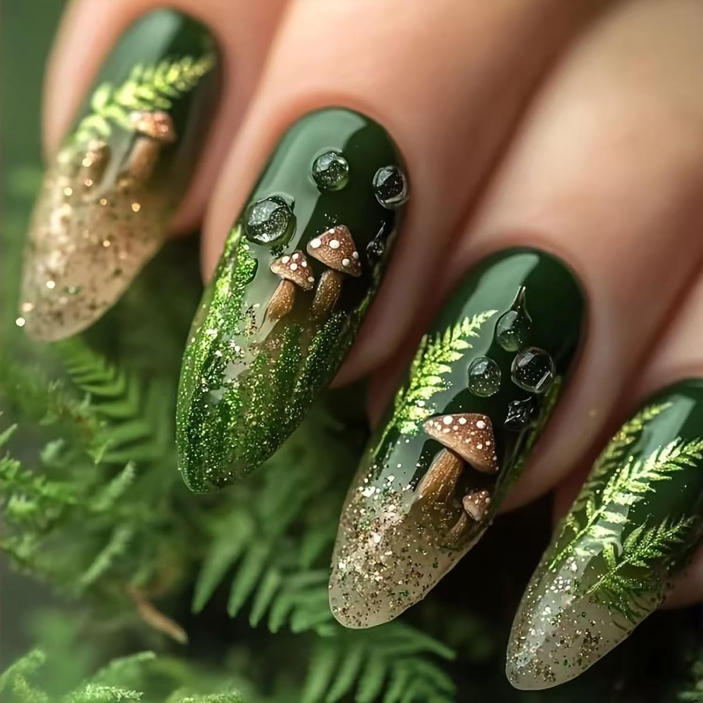 Green Press on Nails Almond Medium Full Cover Glossy Acrylic False Nails Green Grass and Mushroom Pattern Design Gradient Press Ons Fake Nail Artificial Stick on Nail DIY Glue on Nails for Women