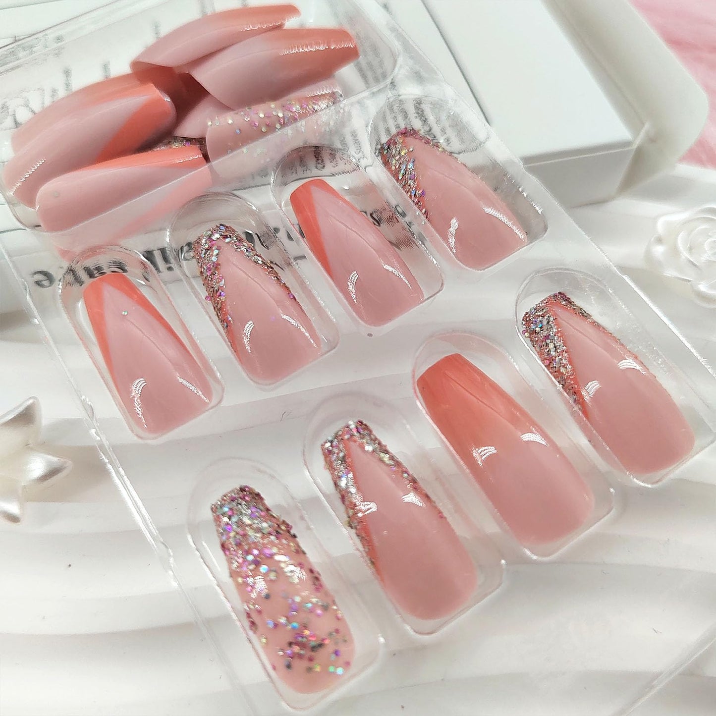 Coffin Press on Nails Medium Light Pink Fake Nails with Glue Orange Gradient Glitter Designs French Glue on Nails Medium Length Pink Full Cover Acrylic False Nails for Women 24 Pcs