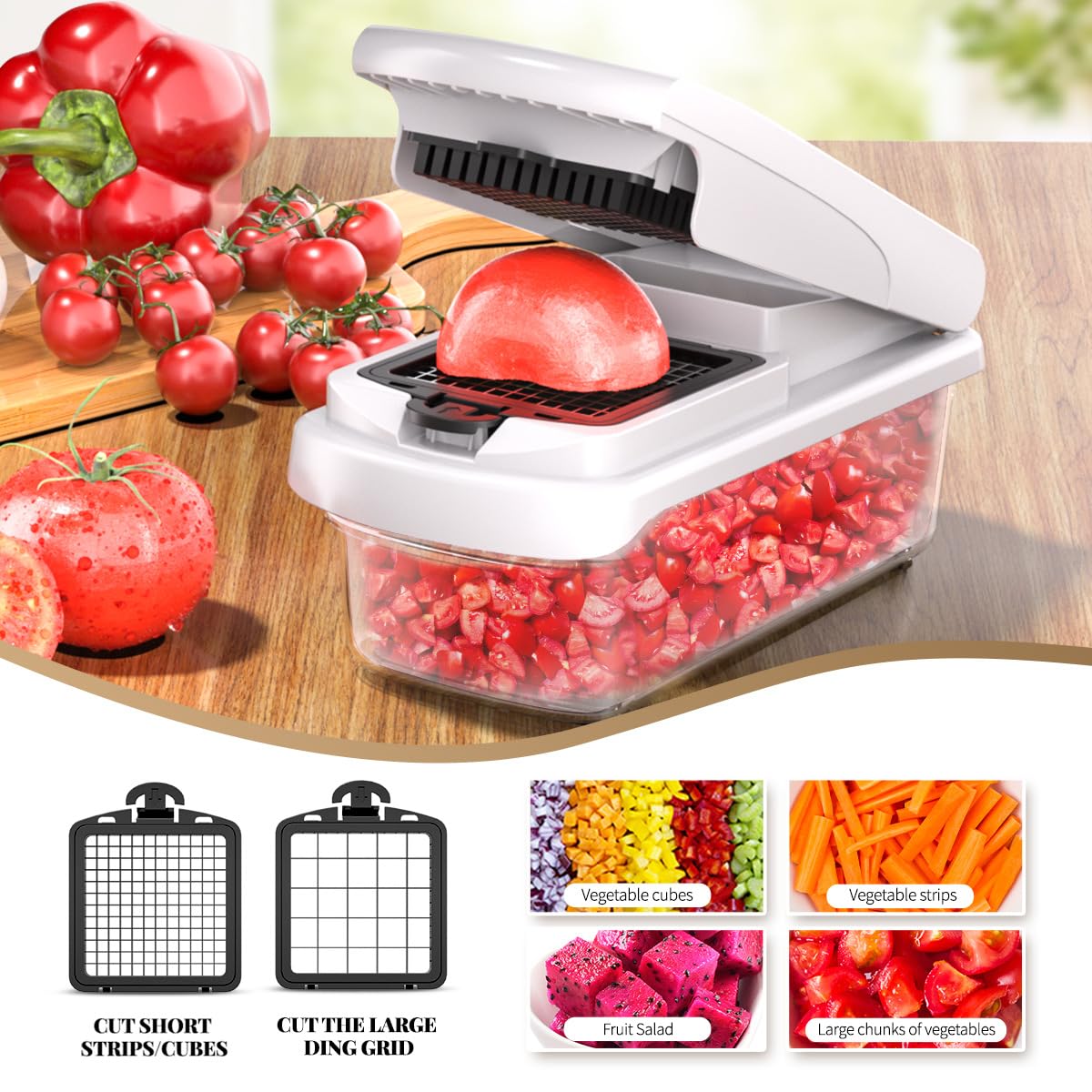 11-in-1 Mandoline Vegetable Chopper Slicer - Multifunctional Food Dicer with Container, Onion Chopper Cutter for Salad, Fruit & Kitchen Essentials (Beige)