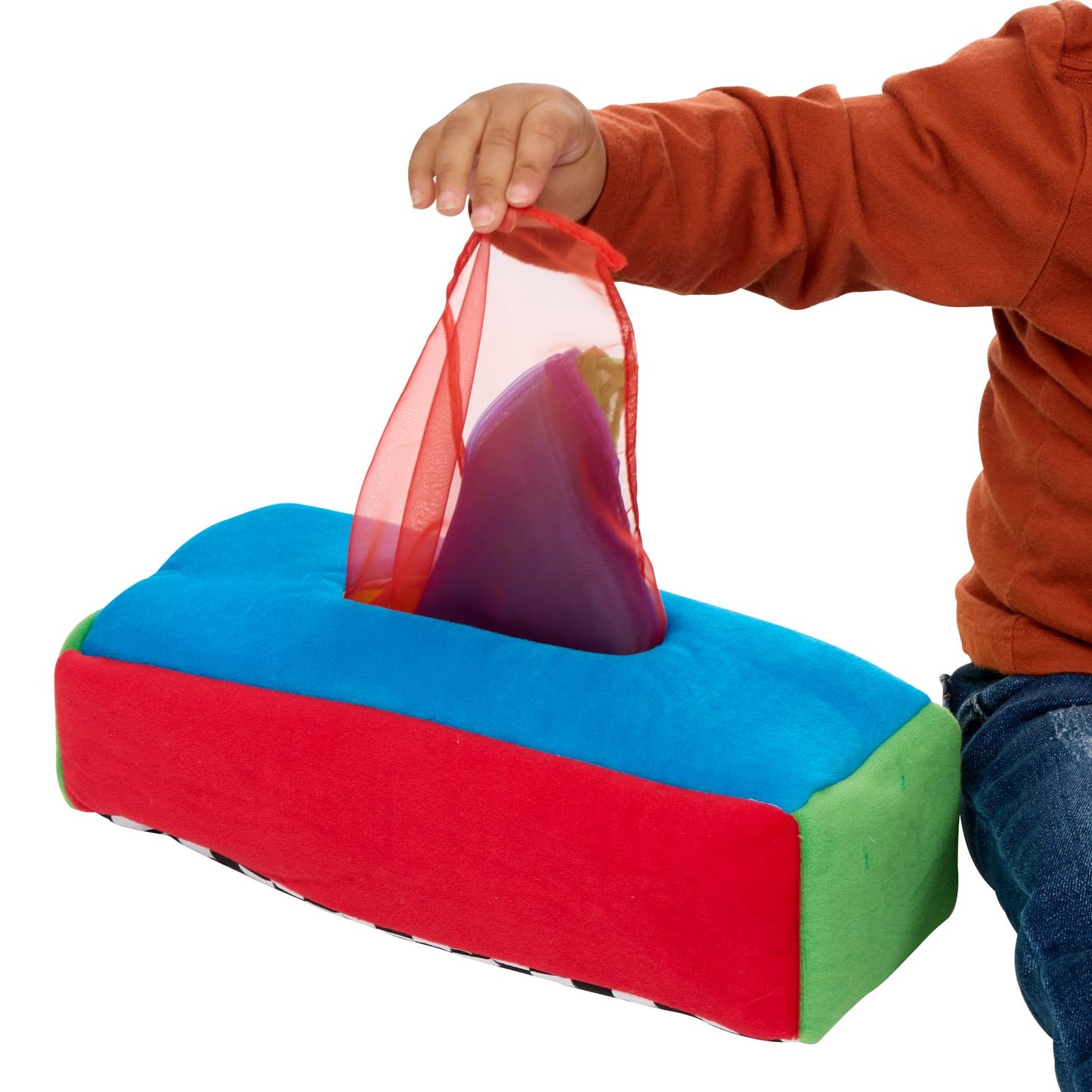 Excellerations Plush Pull & Play 12 inches L x 5-1/2 inches W x 3-1/2 inches H Tissue Box 12 Square Scarves for Children, Kids Educational Baby Toy, 9 Months and Up