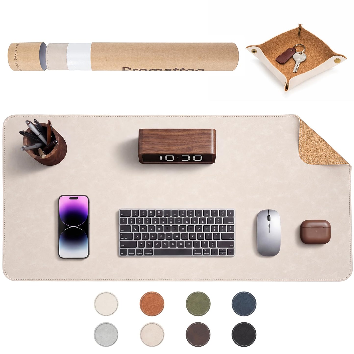 Premium Faux Leather Desk Mat & Tray Set，Innovative Cork-Look Printed Base，Gift Tube Packaging，Full-Desk Coverage，Non-Slip Desk Pad for Office Home（Warm Beige）