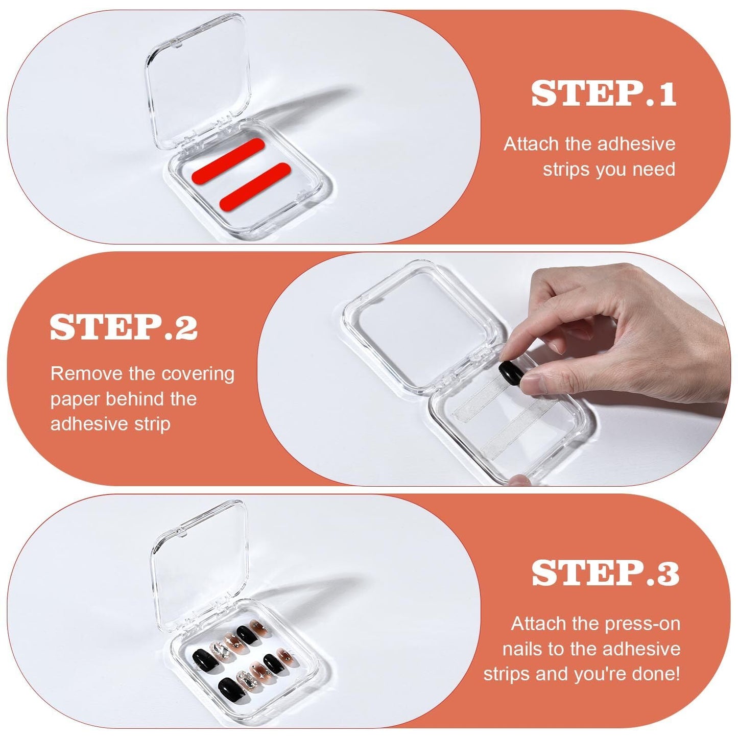 Aemygo 48 Sets Press On Nail Storage Box, Clear Artificial Nail Display Case Acrylic Nail Boxes Press On Nail Packaging Box, Adhesive Double Sided Tape Nail Box for Nail Salon