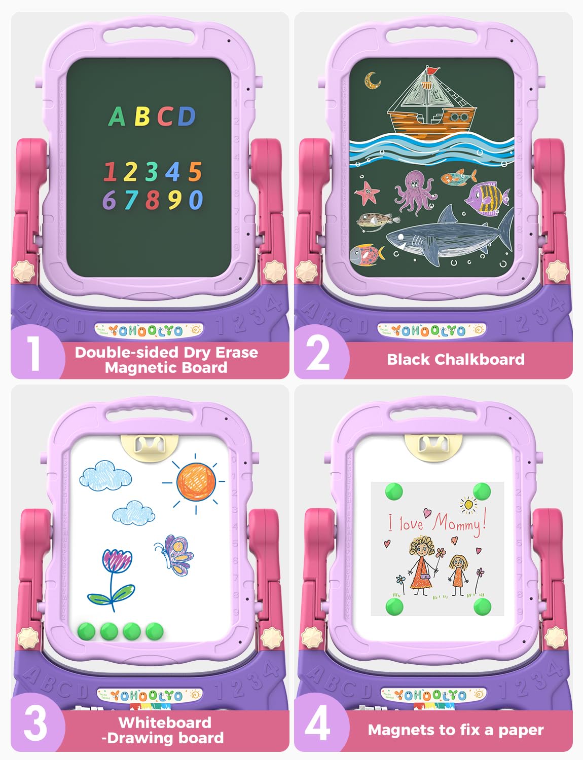 YOHOOLYO Kids Easel Standing Art Easel for Kids, Double Sided Children Pink Purple Easel Magnetic Chalkboard Whiteboard Dry Eraser Board Great Gift for Girls