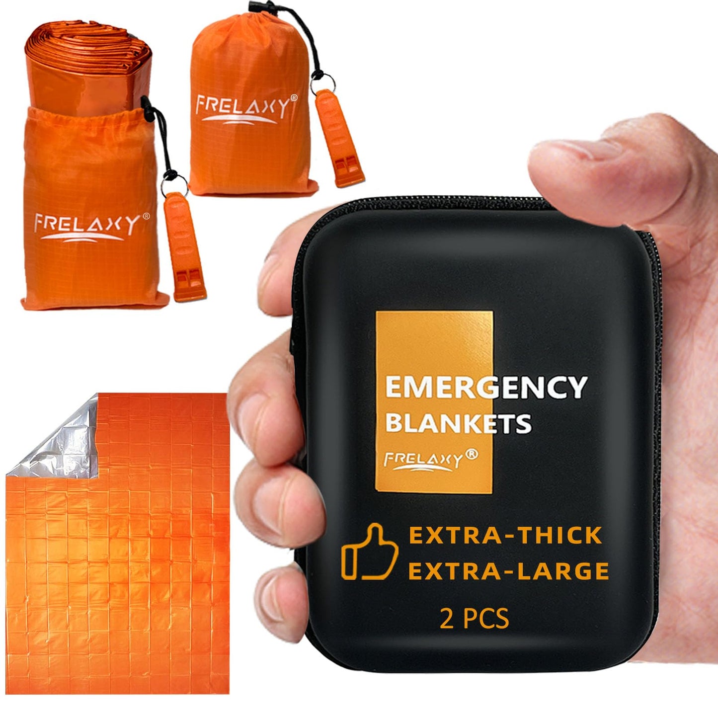 Frelaxy Emergency Blanket 2-Pack, Extra-Thick Extra-Large Space Blankets with Whistles, Storage Pouchs, and EVA case