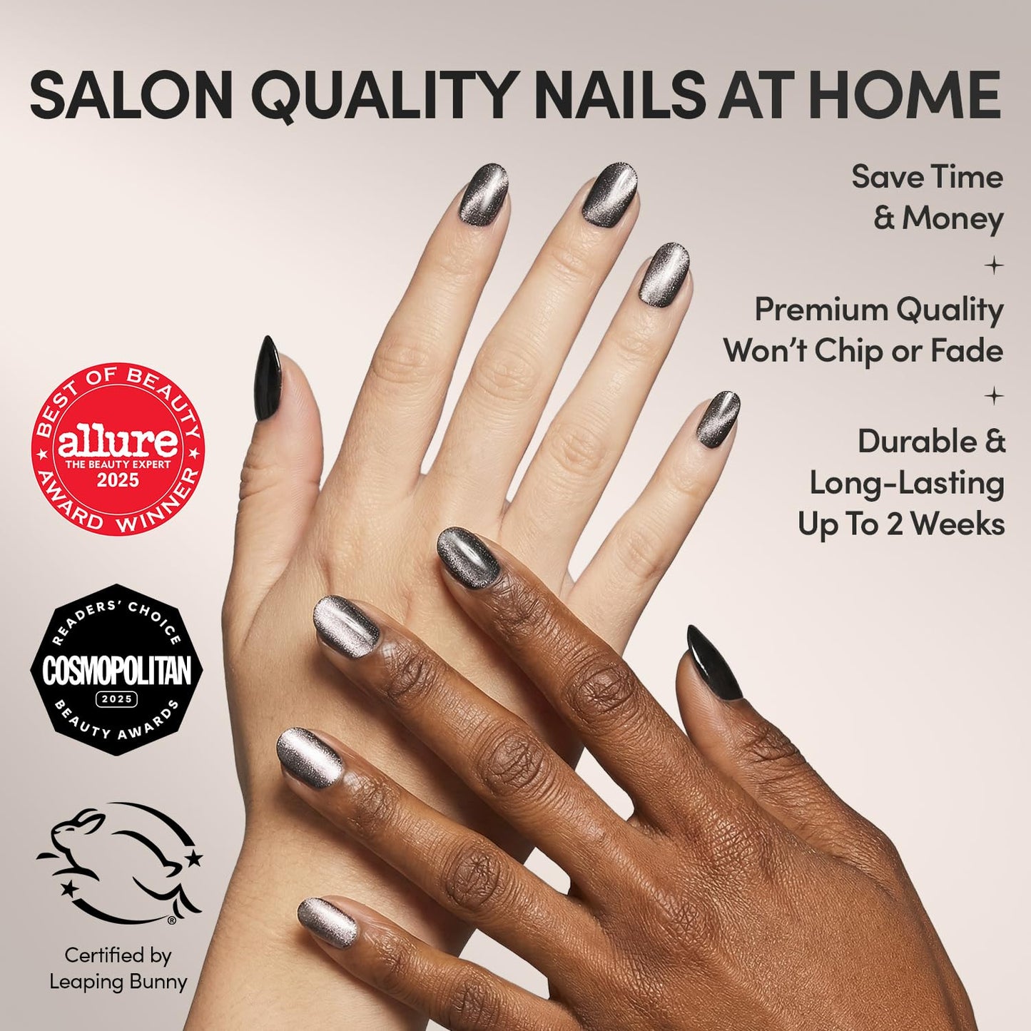 Glamnetic Press On Nails - Galactic | Short Round Gunmetal Pewter Glittered Fake Nails with a Glaze Finish | 12 Sizes - 30 Nail Kit with Glue