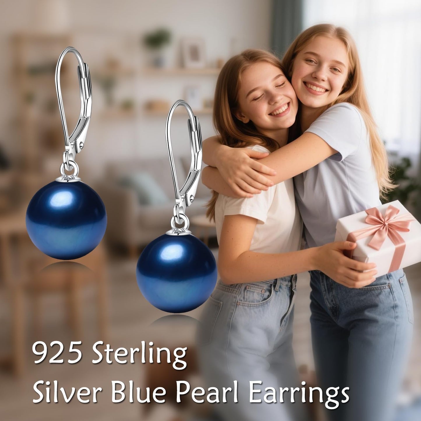 925 Sterling Silver Navy Blue Pearl Leverback Earrings Dangle Drop Jewelry Gifts for Women (Navy Blue Pearl)