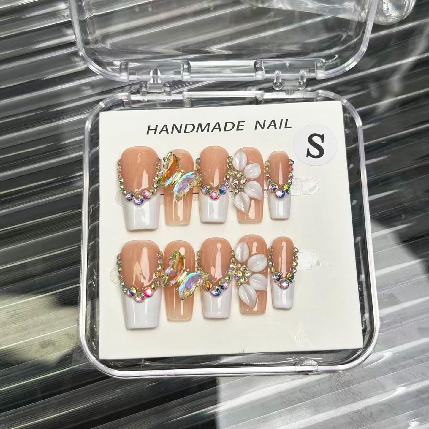 Handmade Press On Nails, 3D Flower & Butterfly White French Tip Fake Nails with Rhinestones, Reusable Acrylic False Nails Medium Length Square Press on Nails(M-10Pcs)