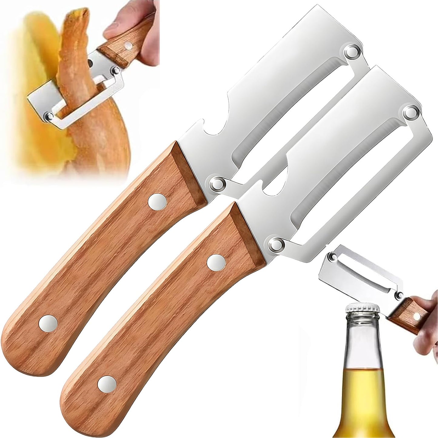 NEW Premium Vegetable Peeler with Wooden Handle and Bottle Opener: 2-in-1 Stainless Steel Kitchen Tool for Fruit Apple Potato Pumpkin Papaya (2Pcs)