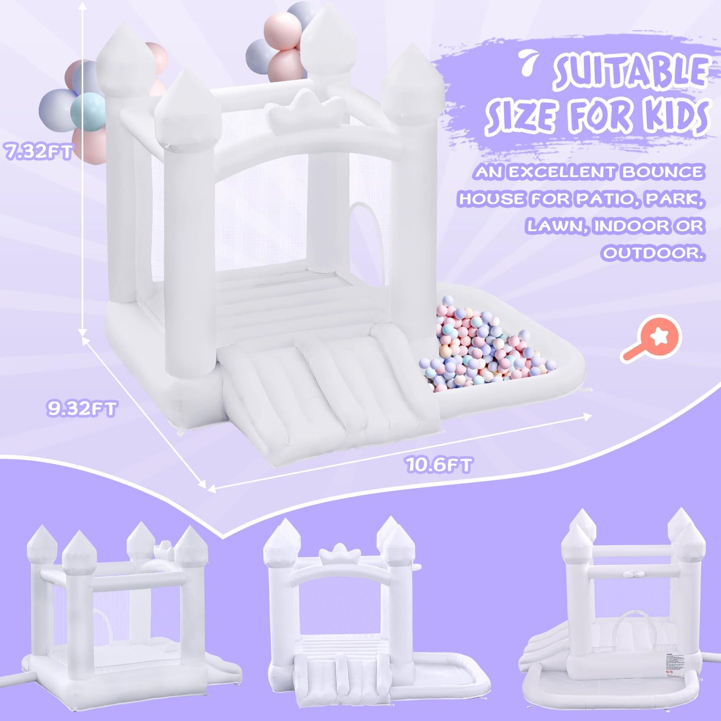 FINCOME White Bounce House, Inflatable Bounce Castle with Double Slide Ball Pit 370W Blower Bouncer for Toddler, Bounce House Bouncy Castle for Indoor Outdoor Backyard Wedding Kids Birthday Party