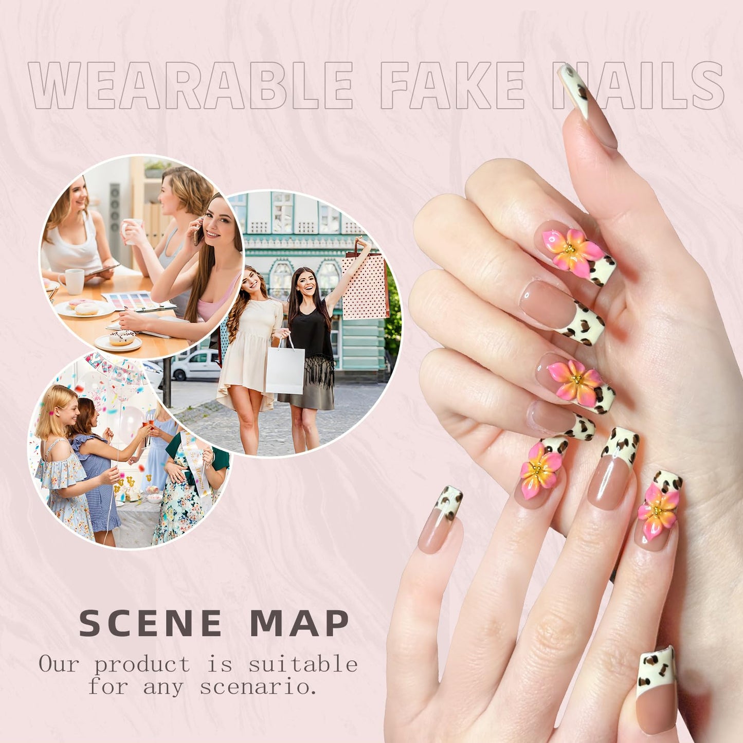 Nude Pink Handmade Press On Nails – Long Coffin French Leopard Print & Floral Rhinestone Design | Thick Acrylic Full-Coverage False Nails Spring Pattern (M-10PCS)