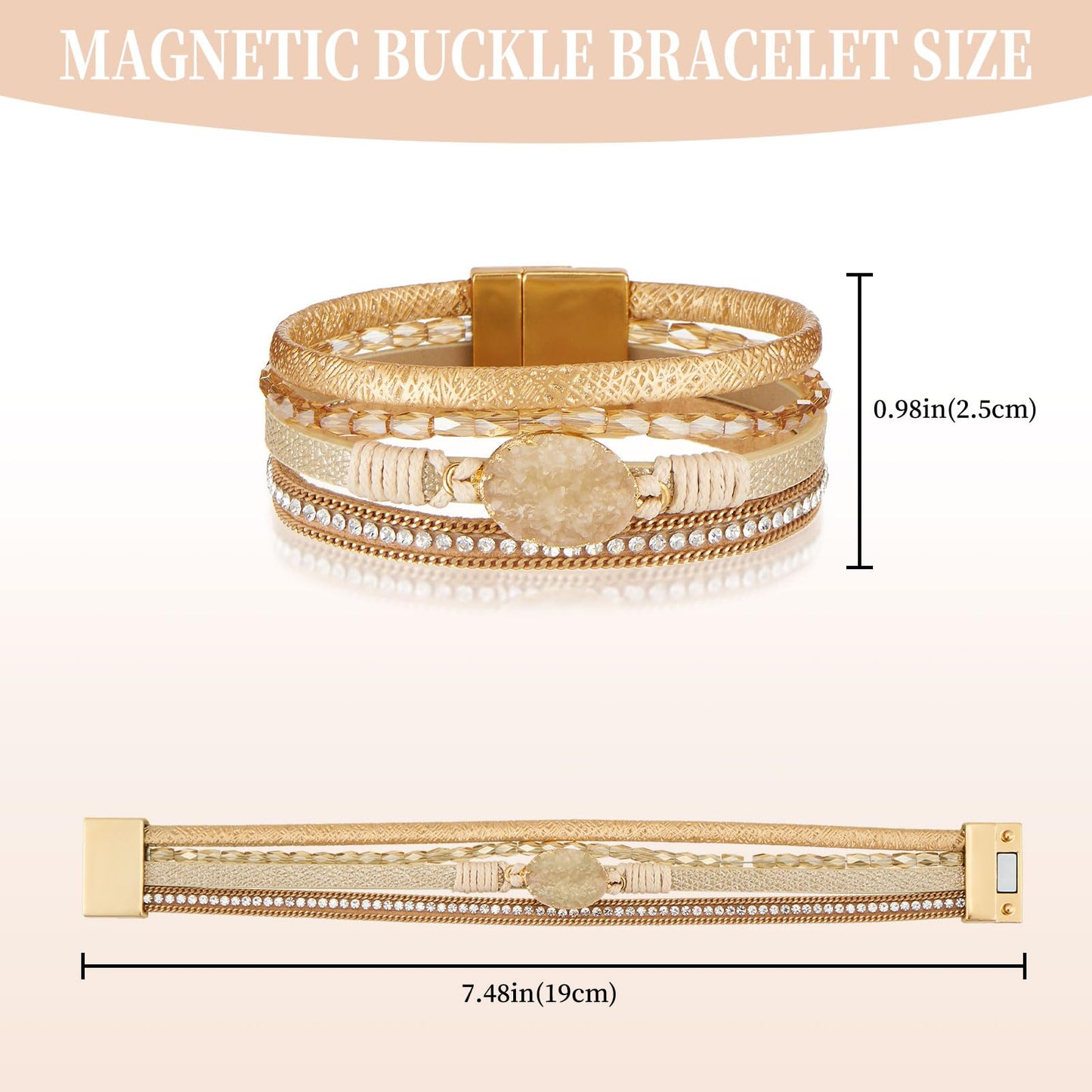 QIUTIMIY Leather Bracelets for Women Trendy Boho Cuff Bracelet Layered Bangle with Clasp Hand Wrist Jewelry Western(Style 7-Gold)