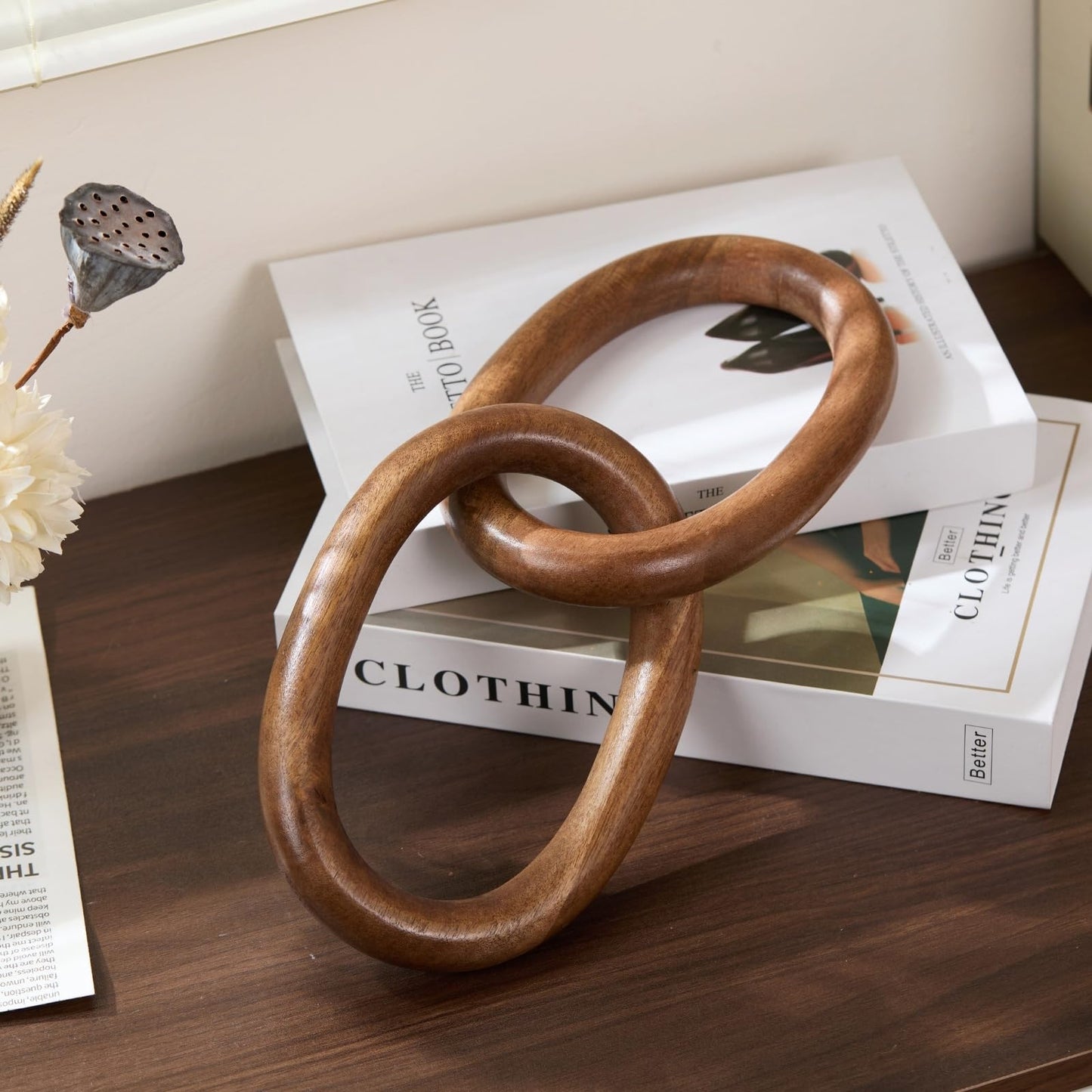 THORNIA Acacia Wood Chain Link Decor, Natural Wooden Knot Shelf Decors for Coffee Table, Bookshelf, Console Table Decorations, Decorative Handcrafted Modern Home Accent, 13x6 Inch