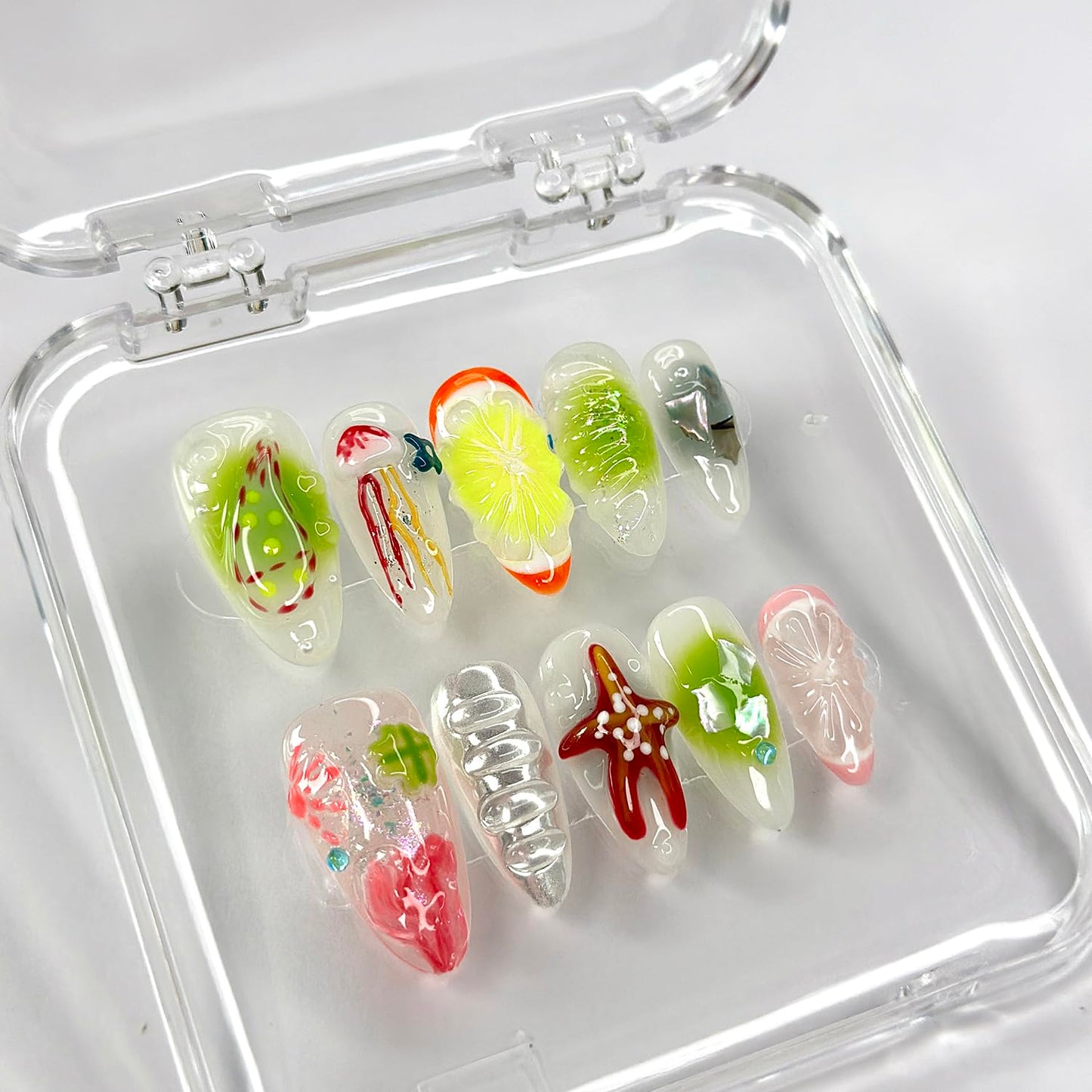Luxury Press on Nails Medium Almond Handmade 3D Unique Reusable ABS Material Fake Nails French Tip False Nails with Designs Fruit Starfish Art Glossy Glue on Nails Thick Acrylic Nails(M)