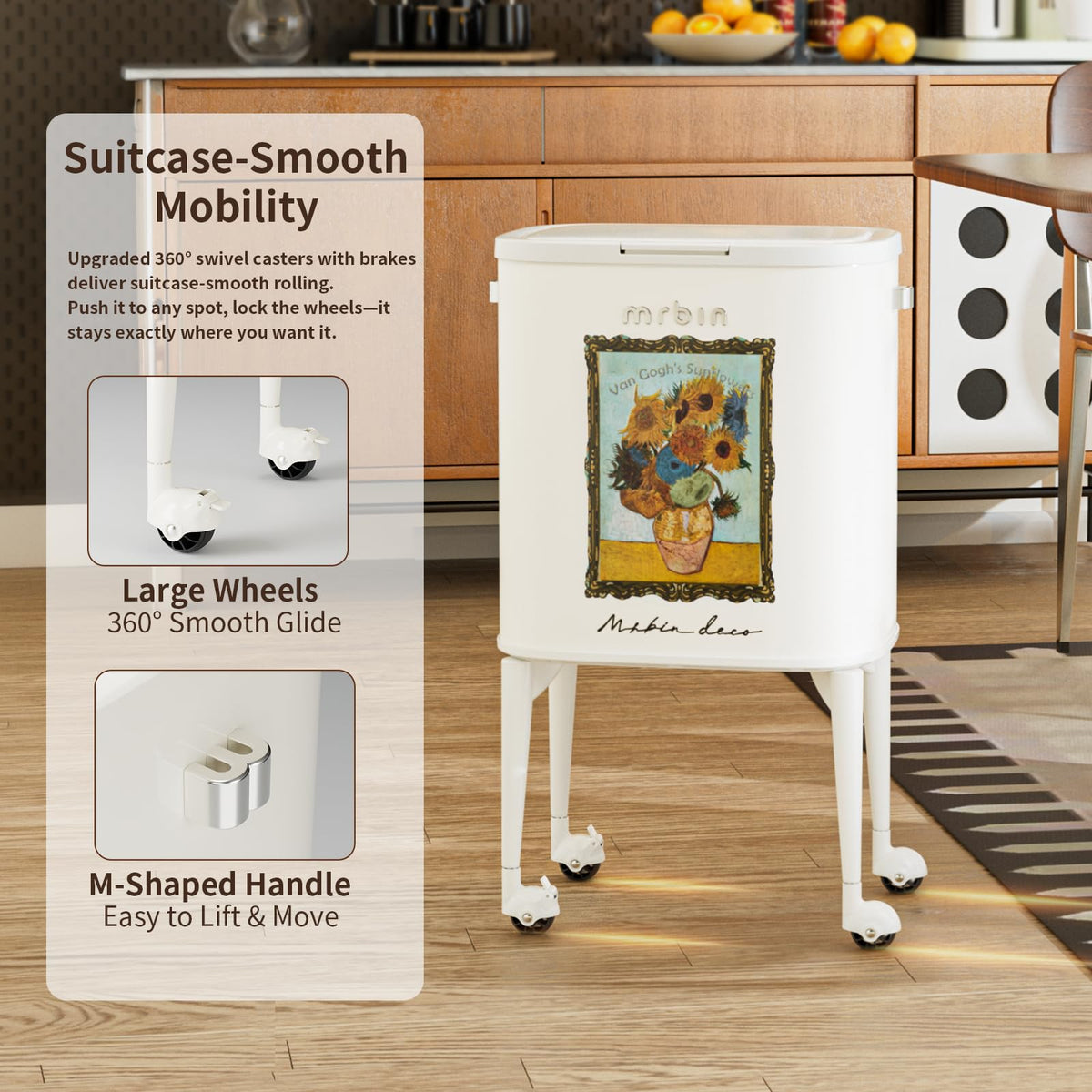23L Art Decor Trash Can with Wheels