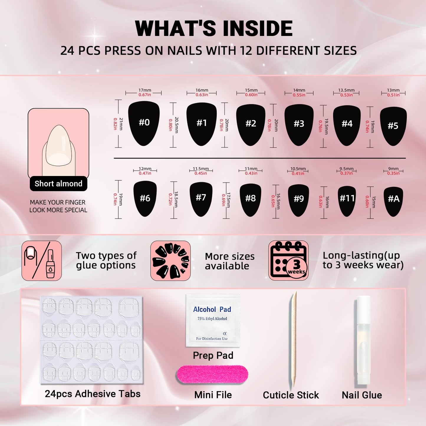Black Press On Nails Short Almond Cat Eye False Nails with Handmade Jelly Magnet,Stiletto Glue On Nails-24Pcs Fake Nails Kit，Opal