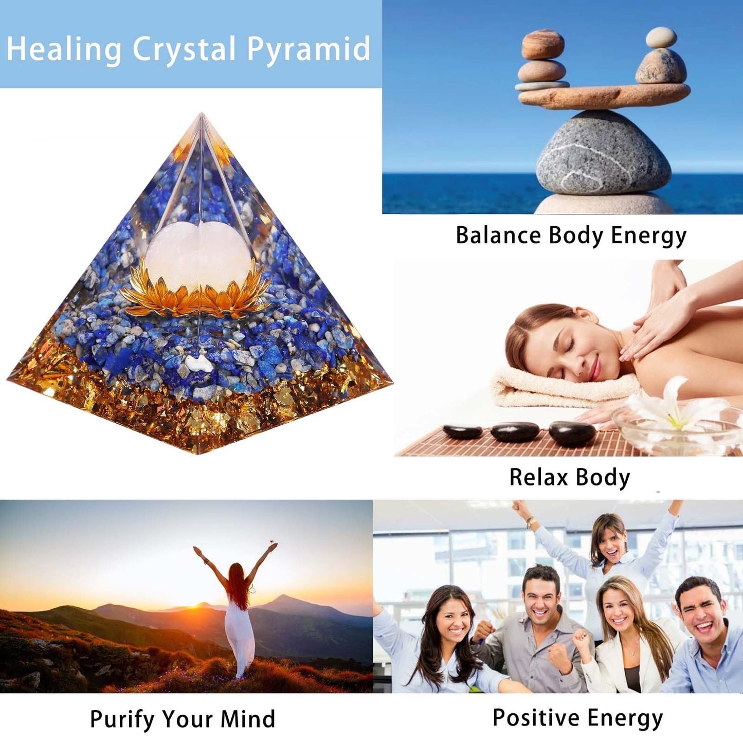 Crystal Pyramid, Lapis Lazuli Healing Crystal Pyramid Porstive Energy Generator, Natural Crystals Energy Pyramid for Attract Wealth Success and Lucky