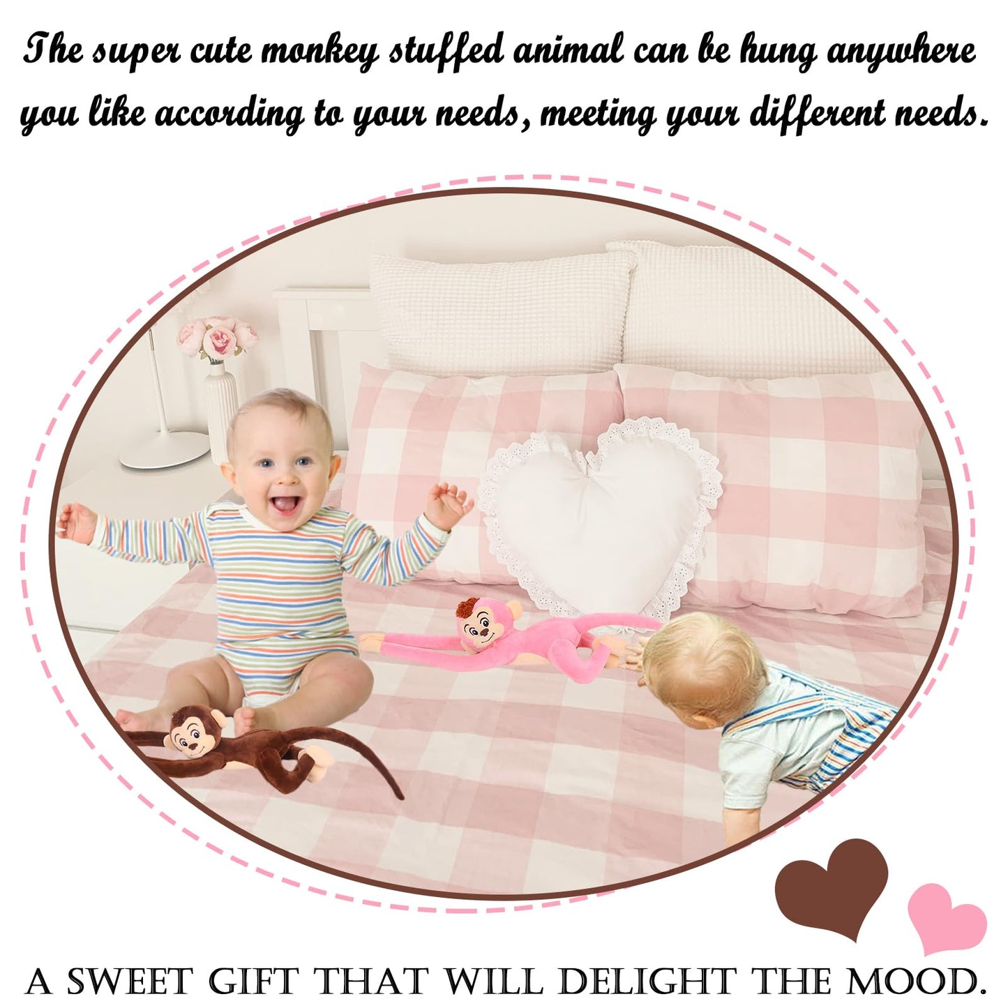 zhidiloveyou 2PCS 27.6" Hanging Monkey Stuffed Animals Plush Cute Monkey Toy for Kids (Dark Brown+Pink)