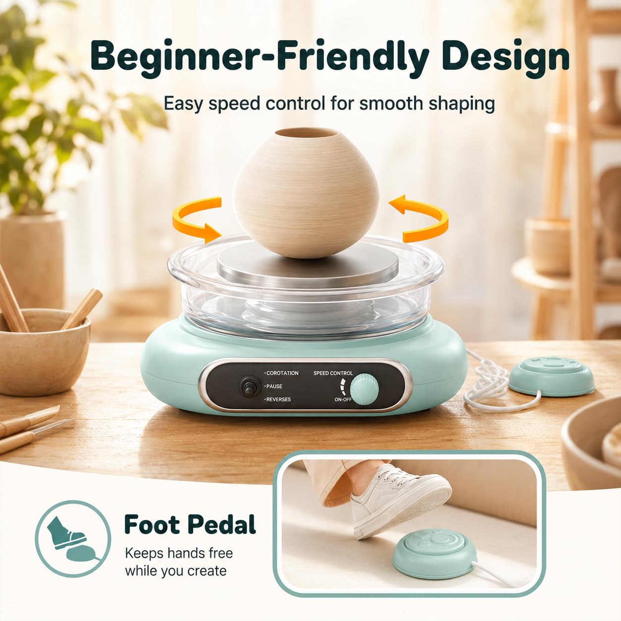 Alldeer Pottery Wheel for Kids Teens Beginners - 4.7" Turntable Electric Mini Clay Wheel with Foot Pedal, Adjustable Speed Ceramic Making Machine with 8 Pottery Shaping Tools, Craft Kits