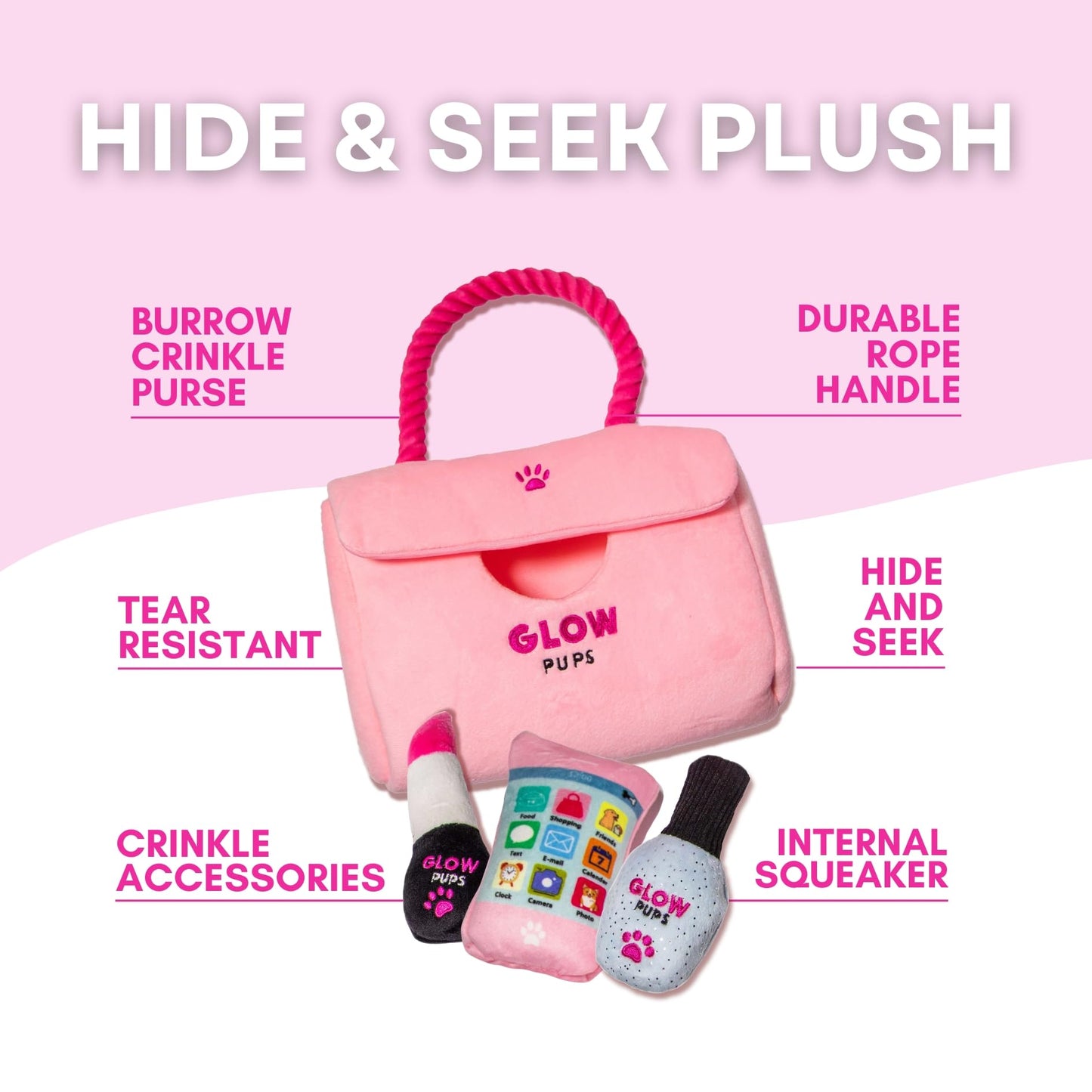 Glow Pups "Fashion Forward Walking Bundle: Pink Designer-Style Plush Purse Dog Toy Set (Includes Paw-Phone, Lipstick, Nail Polish) + Matching Light Pink Hands-Free Rope Dog Leash (5-Piece Set)
